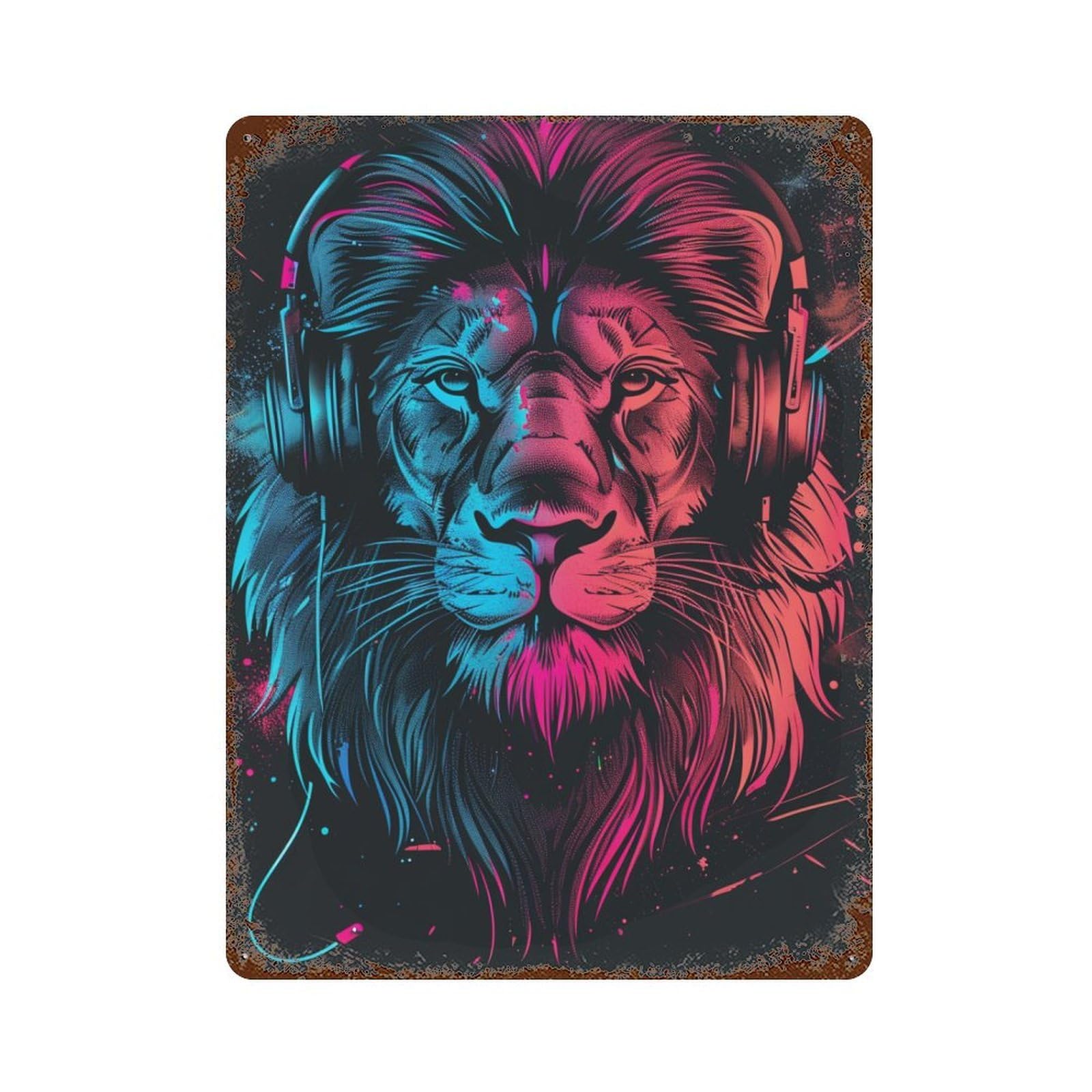 Neon Lion Headphones Art Print Retro Metal Sign 15.7"x11.8", Old School Wall Decor for Garage, Bar And Workshop Decor