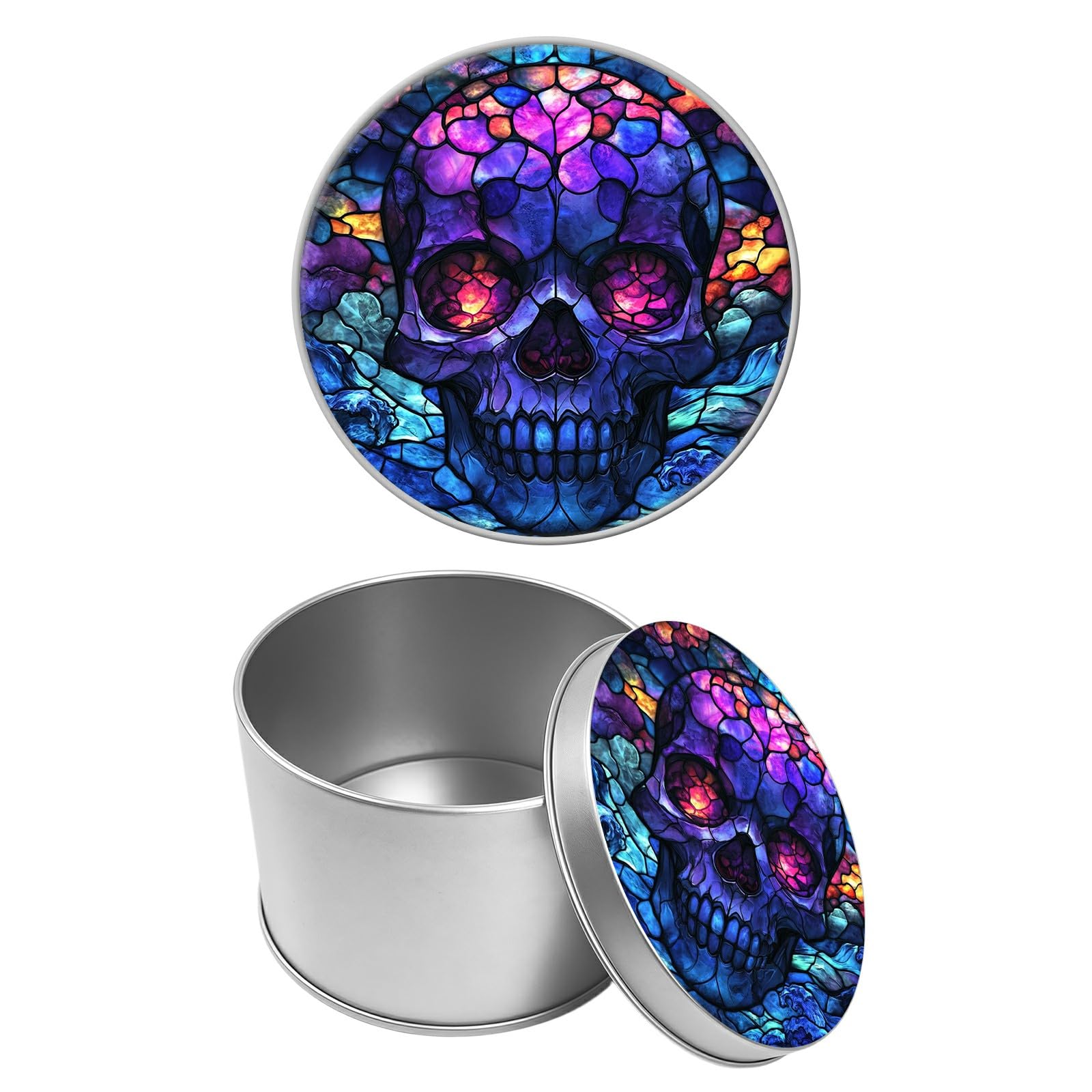 Round Metal Tin Container with Removable Lid, Glass Blue Skull Durable Metal Storage Box for Cookies Spices Tea Candies Cakes Jewelry Cosmetics 3.54 x 2.36 inch– Single Pack