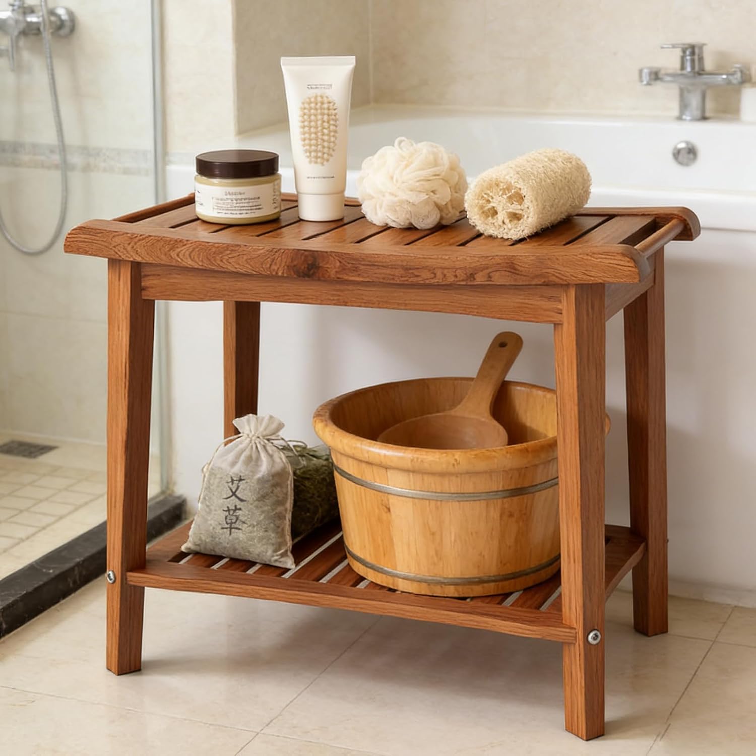 ITEFDTUTNE Wood Shower Bench Stool Bamboo Shower Chair with Storage Shelf Non-Slip Waterproof Bathroom Bench Stool for Inside Outdoor Use 20.8" D x 18.4" H x 15.1" W (Brown)