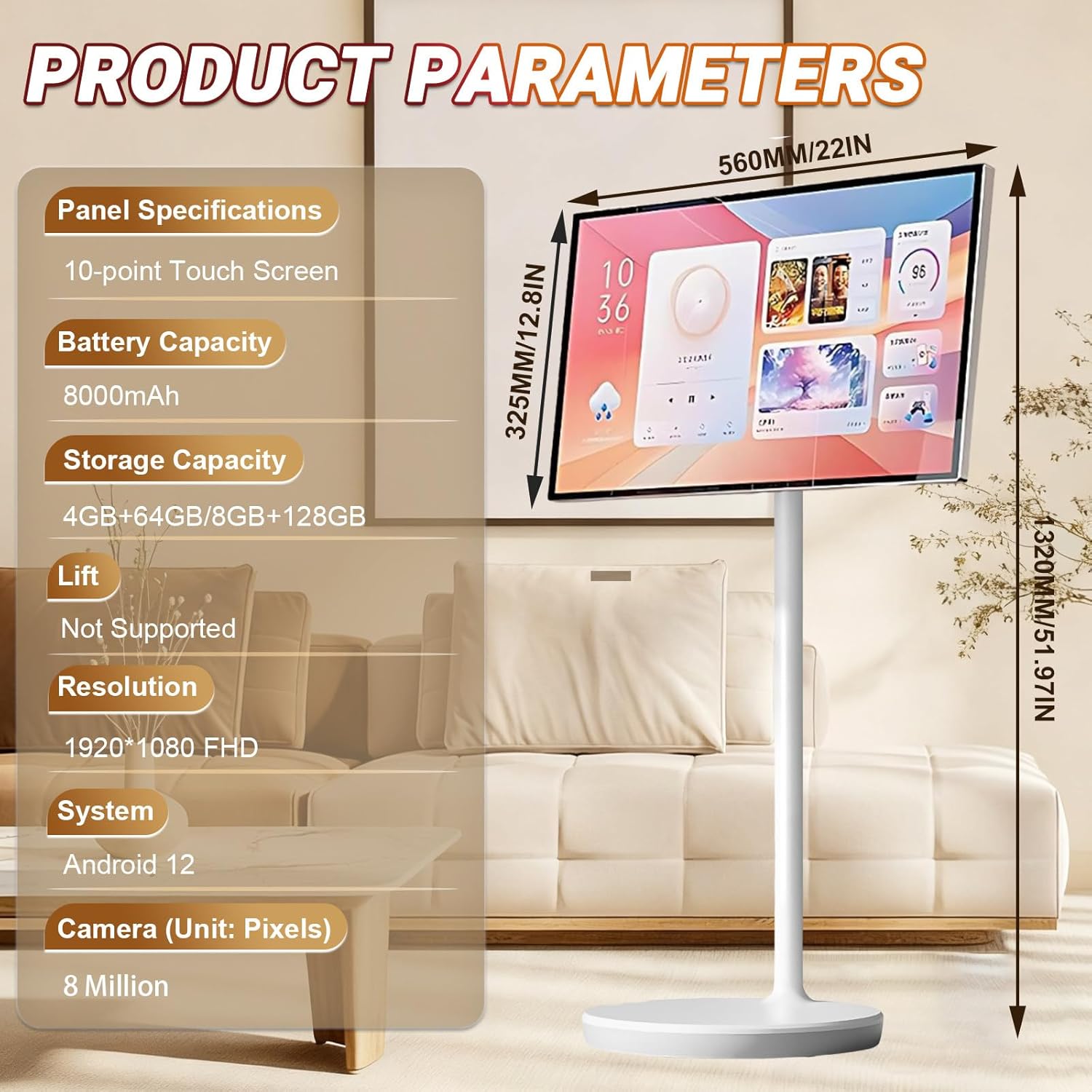 24"/27"/32" Wireless Smart Portable Tv, Smart Touchscreen Monitor, 4+64gb/8+128gb, Android 12/13, (5-8 Hours) Battery Life, with 8/13 Mp Camera,Full Rotation 24IN-4+64GB(1080P)