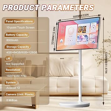 24/27/32 Portable Smart Tablet Tv On Wheels,with Full Hd Rolling Touchscreen Monitor and Tablet in One,(4+64gb/8+128gb),(5-8-Hour) Battery, Full Swivel Rotation 24IN-4+64GB(1080P)