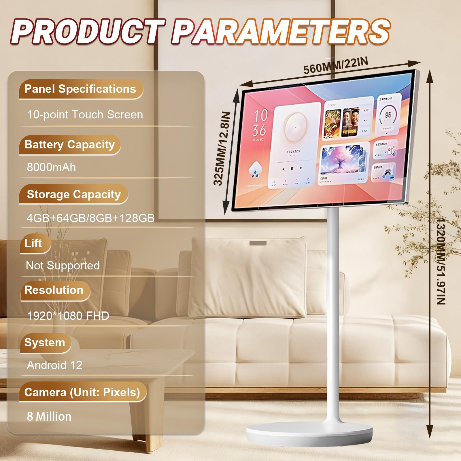 21,5/24/27/32 Pulgadas TV con Pantalla Táctil,Monitor Móvil Portátil con Pantalla Táctil Inteligente con Cámara De 8mp/13mp,TV Móvil Inteligente,para Entretenimiento En El 24IN-4+64GB