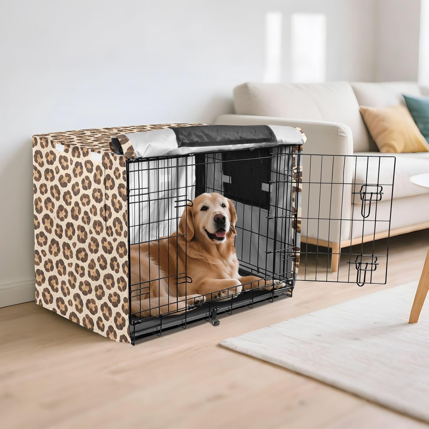 Wild Leopard Pattern Dog Crate Cover 600D Oxford Pet Kennel Cover with Mesh Window for Dog Cages, Windproof Waterproof Machine Washable, 42"x28"x30"
