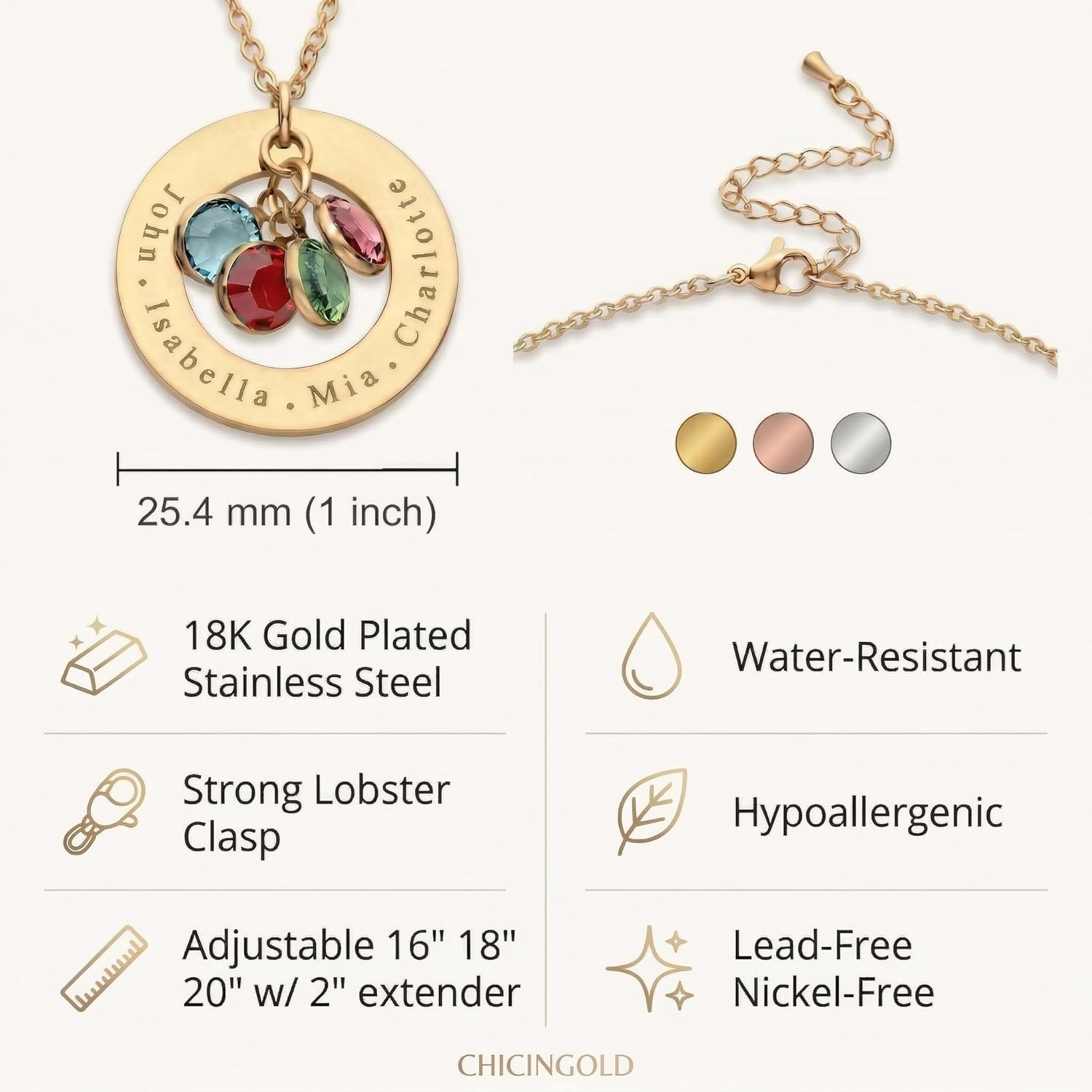Birthstone Necklace for Mom, Personalized Necklace with Kids Names, Custom Family Jewelry for Wife, Grandma, Women, 1 2 3 4 5 Grandkids, Mother's Day & Birthday Gift, 18k Plated Gold, Rose, Silver
