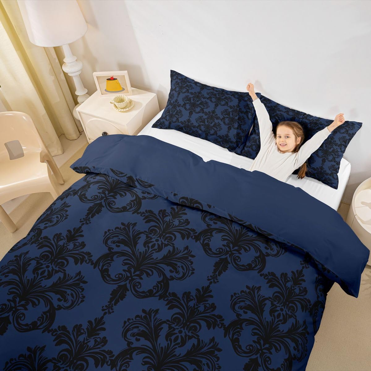 Navy Black Damask Duvet Cover Set Full Size,Gothic Vintage Damask Floral Bedding Set 3pcs,Antique Victorian Baroque Quilt Cover with Zipper Closure,Kids Girls Room Decor,2 Pillowcases,No Comforter