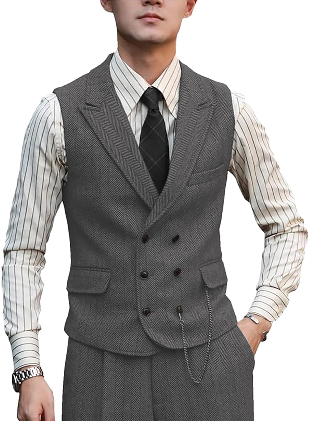 Zeattall Men Vests Wool Herringbone Tweed Suit Vest Double Breasted Waistcoat, Grey, XX-L