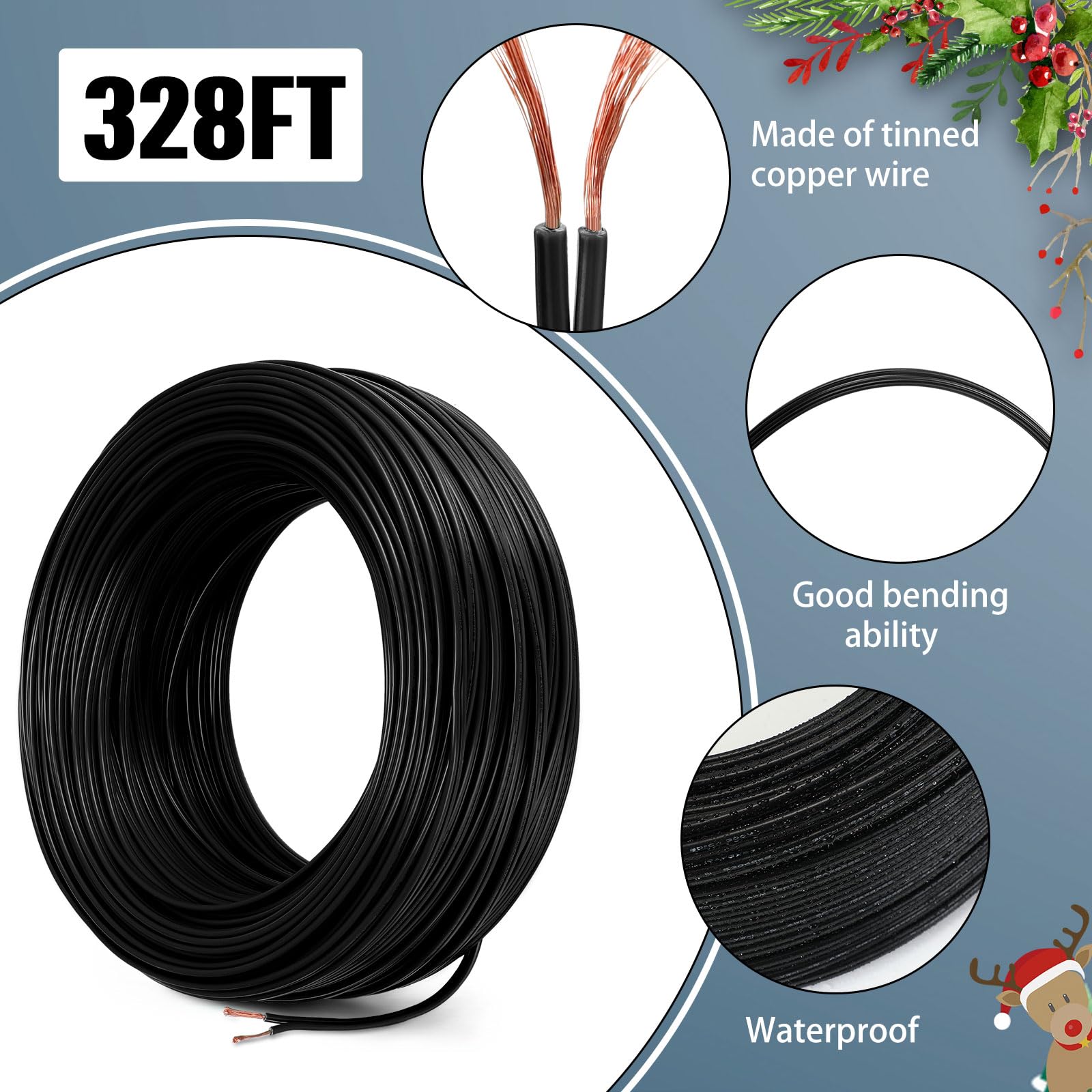 328 Feet Christmas SPT-1 Electric Wire Electrical Wire Christmas SPT-1 Zip Cord Wire Bulk Blank Wire Work with SPT-1 Vampire Plug 7 Amps (Black)