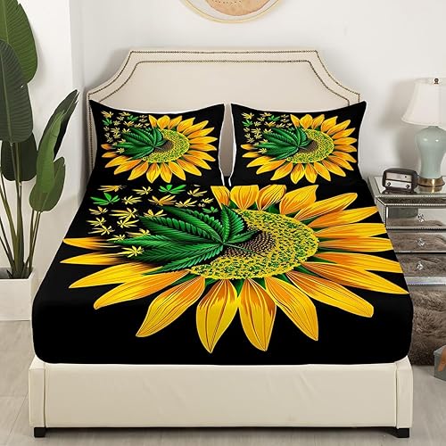 Miniatura 3 de Erosebridal Juego de sábanas de hojas de cannabis, diseño de girasol, tamaño matrimonial para niños y adolescentes, sábana bajera ajustable botánica