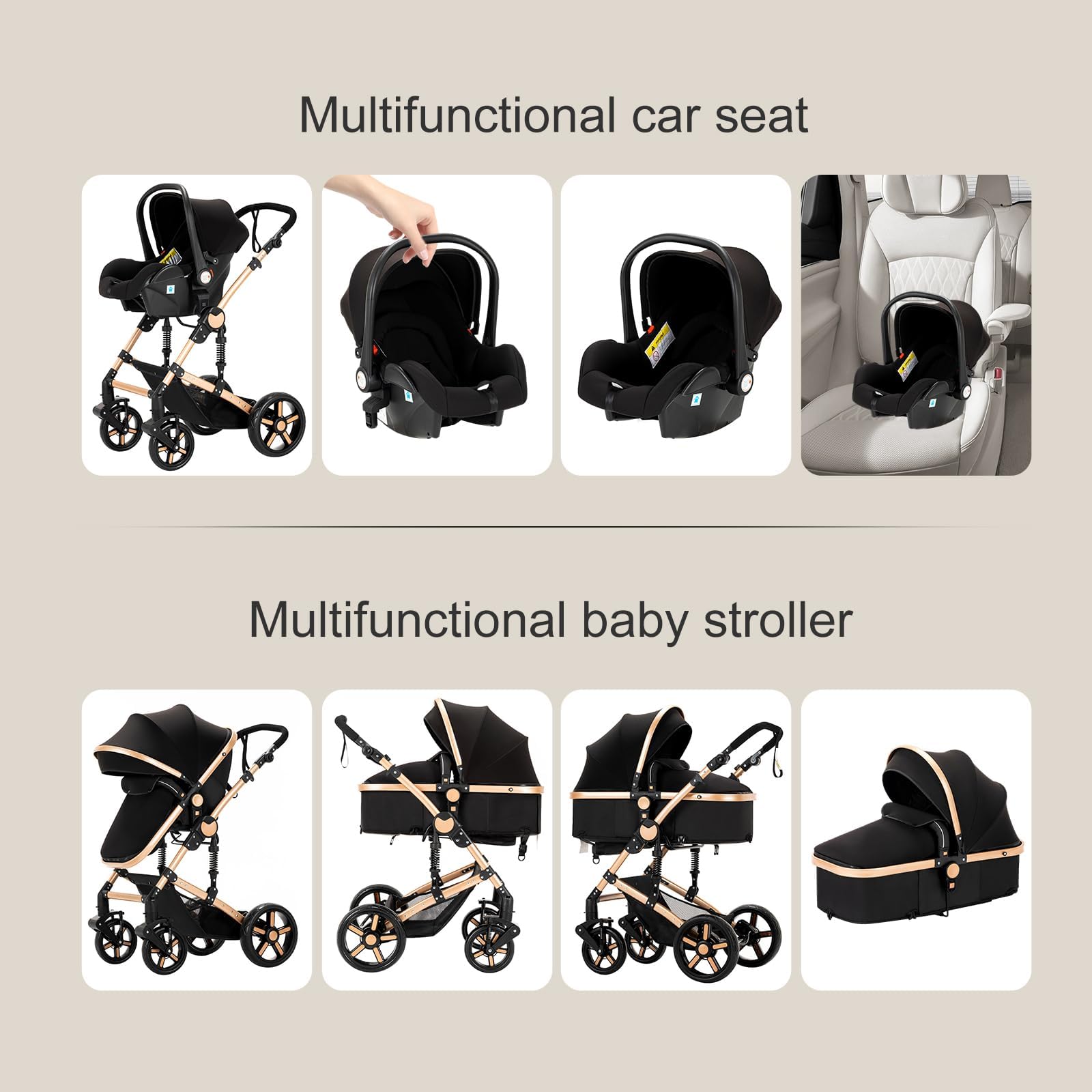 Veitoalioy Passeggino 3 in 1 Trio Neonati, Per Neonato 3 in 1 Passeggini, Carrozzino multifunzione, Passeggino Pieghevole (588 Black Gold)