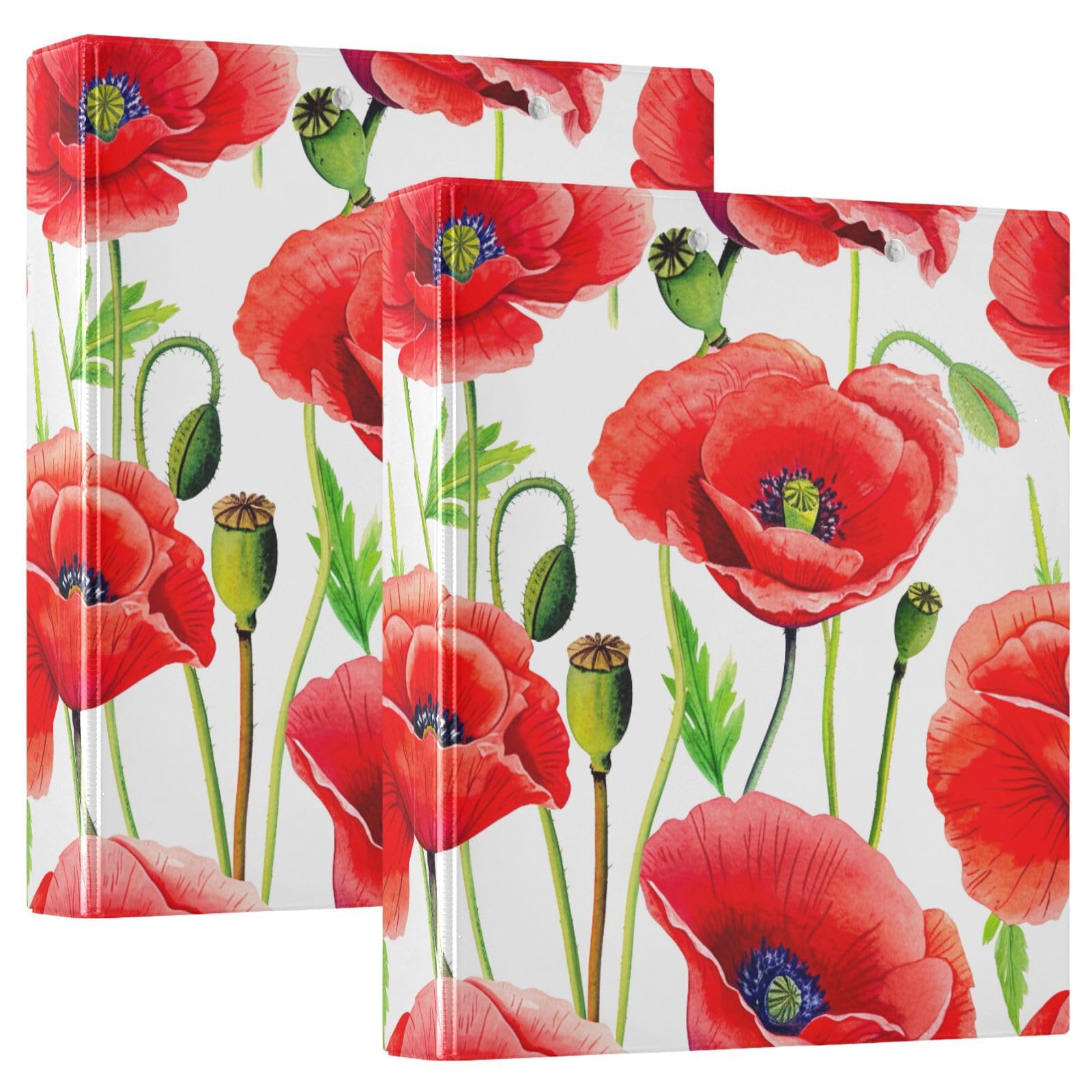 Raccoglitore ad anelli a D con 3 anelli, motivo fiori di papavero rosso, stile acquerello, 3,8 cm, con portablocco grande, per scuola, università, ufficio (confezione da 2)