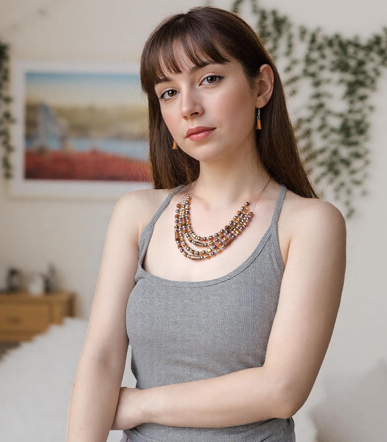 Layered Beaded Statement Necklace Multi Strand Crystal Beads Collar Necklace and Earring Sets for Women Fashion Costume Jewelry Set Gifts for Her - Image 4