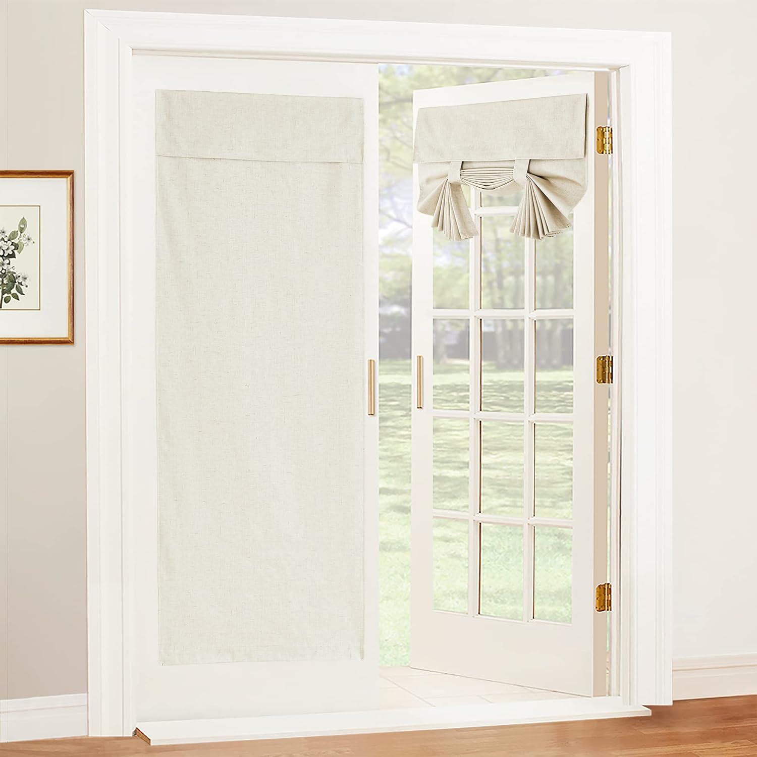RYB HOME 100% Blackout Tricia Door Curtains, Linen Textured Blend Thermal Insulating Privacy French Door Window Tie Up Shades Living Room Curtains for Kitchen, W 34 x L 80 inches, Ivory, 1 Panel