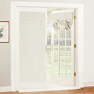 RYB HOME 100% Blackout Tricia Door Curtains, Linen Textured Blend Thermal Insulating Privacy French Door Window Tie Up Shades Living Room Curtains for Kitchen, W 34 x L 80 inches, Ivory, 1 Panel