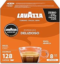 LAVAZZA - A Modo Mio Espresso Delizioso, 128 Capsules de Café, pour un Espresso aux Notes Aromatiques de Fleurs, 100% Arabica, Intensité 8/13, Torréfaction Moyenne, 8 Paquets de 16 Capsules