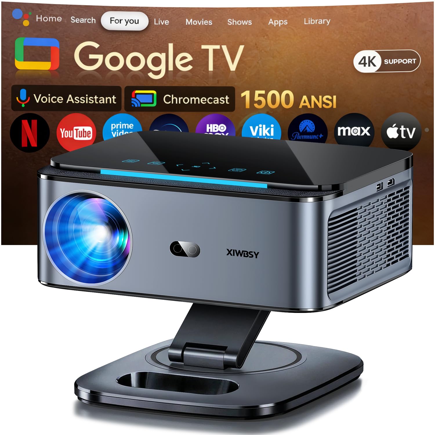 XIWBSY Beamer 4k 1500 ANSI Autofokus 360° Drehung Google TV Sprachsteuerung WiFi 6 Bluetooth 5 38000 Lumen Heimkino Outdoor Netflix