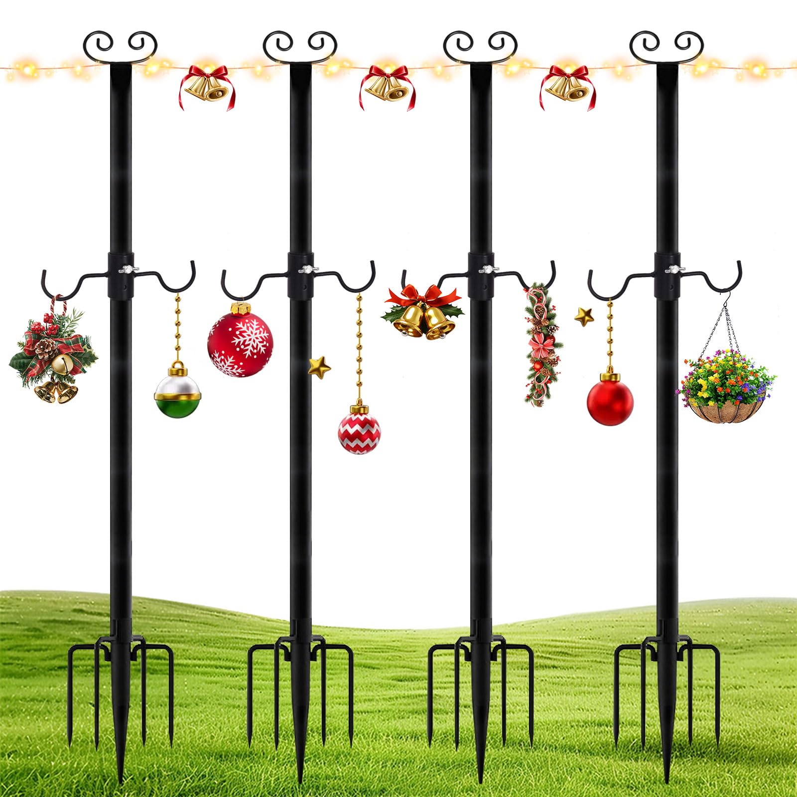 4 postes de luz festoon, postes de bandera de hierro resistente de 10 pies para jardín con tenedor y 2 ganchos, poste de altura ajustable para exteriores, jardín, patio, terraza, patio, patio