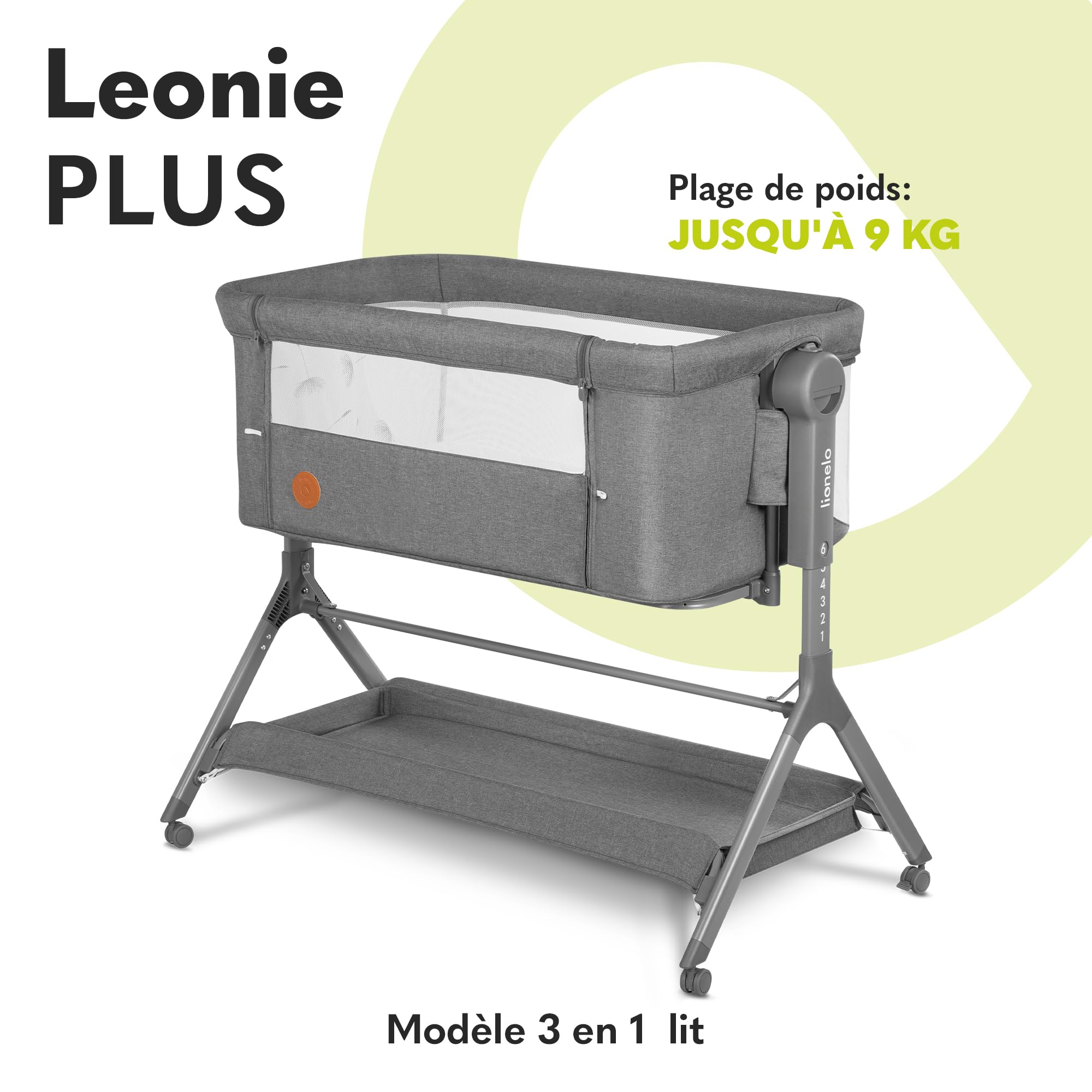 lionelo Leonie Plus Lit Bébé 3 en 1 Jusqu’à 9kg, Cododo et Berceau, Hauteur Réglable, Parois Aérées, Côté Amovible, Grand Panier