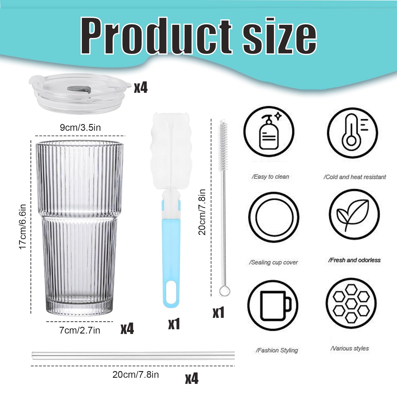 Tasse Smoothie Mozvvco Lot De 4 Verres à Eau Réutilisables Avec Couvercles Et Pailles - 400ML - Design Rayé Élégant Pour Smoothies, Café Et Bubble Tea Verre Avec Couvercle Paille