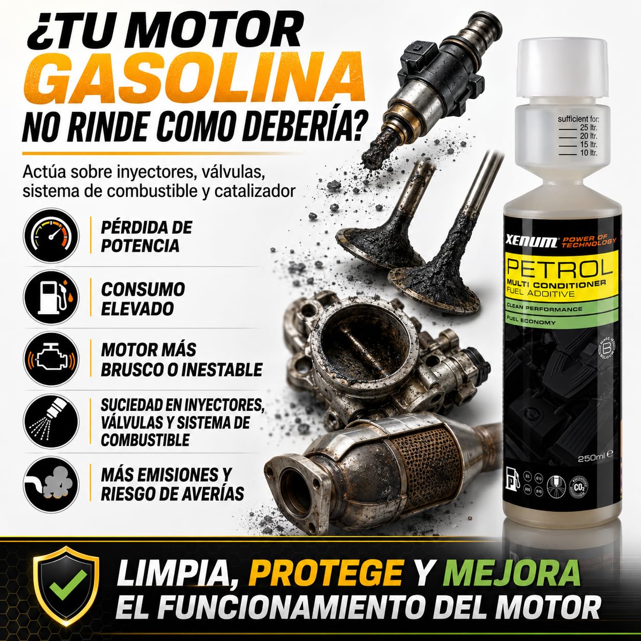 Genérico Xenum Petrol Multi Conditioner 250 ml – Aditivo Multifuncional Gasolina, Limpia Inyectores y Válvulas, Protege Sistema de Combustible, Reduce Consumo y Emisiones
