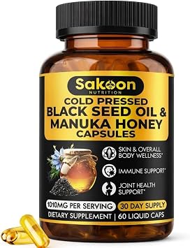 Sakoon nutrition Black Seed Oil Capsules - with Manuka Honey, Black Cumin Seed Oil Cold Pressed, Turkish Nigella Sativa Oil, 2% Thymoquinone, Immune & Digestive Support, 60 Count, 1010mg per Serving