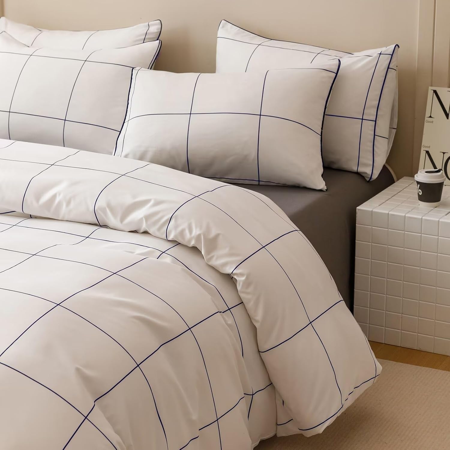 Navy Plaid Comforter Set Queen, 3 Piece Navy Line Windowpane Comforter Sets with 2 Pillow Shams, Modern Minimalist Comforter