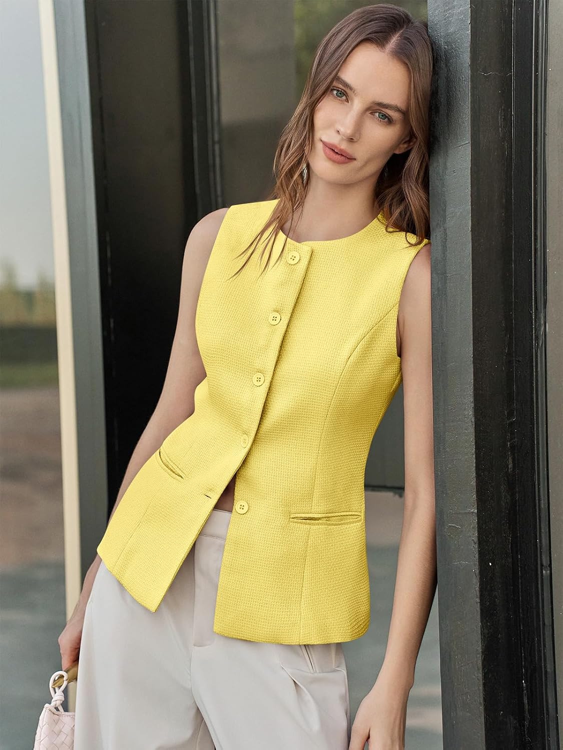 Tankaneo Womens Tweed Sleeveless Vest Crew Neck Button Down Fitted Blazer Vest Tops Work Casual Waistcoat