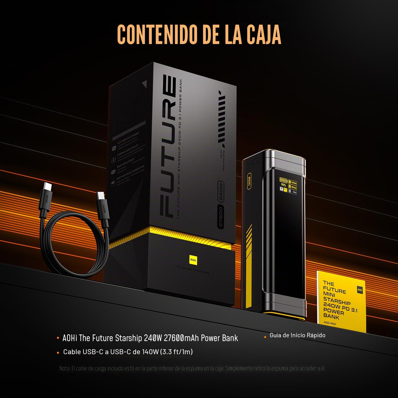 AOHI The Future Starship - Cargador rápido portátil para portátil (240 W, PD 3.1, 27600 mAh, 140 W, para MacBook Pro, iPad Pro, iPhone 17 Pro Max, Galaxy, Steam Deck, color gris