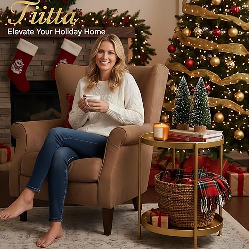 Miniatura 2 de Tiita Paquete de 2 mesas auxiliares redondas, mesa auxiliar mental, mesas pequeñas de madera, mesa auxiliar con bandeja de madera para sala de