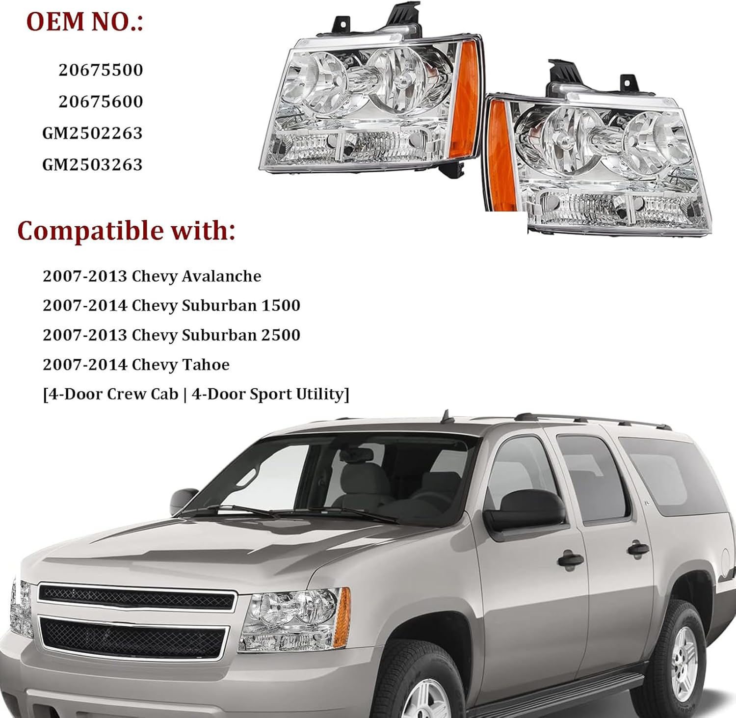 Headlight Assembly Compatible with Chevy Tahoe 2007 2008 2009 2010 2011 2012 2013 Chevy Avalanche Suburban 2007-2013 Head Lights Replacement Pair Driver Passenger Side, Chrome Housing Amber