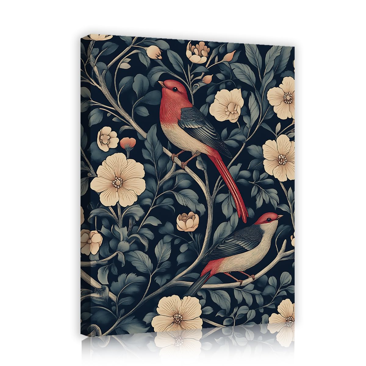TOANGWALL Vintage Birds Canvas Wall Art Dark Navy Red Redstart Songbird Print Floral Blossom Twigs Retro Illustration Framed Mural Pictures for Living Room Bedroom Home Decor 65x80cm