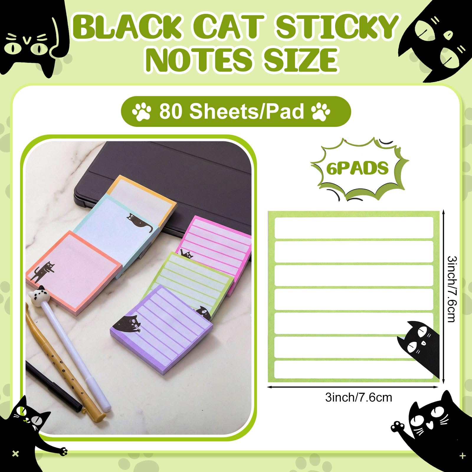 12 articoli per ufficio per gatti inclusi 6 penne Kawaii, penne da scrittura con inchiostro nero da 0,5 mm, 6 blocchetti di note adesive, 7,6 x 7,6 cm, carini autoadesivi per ufficio e scuola