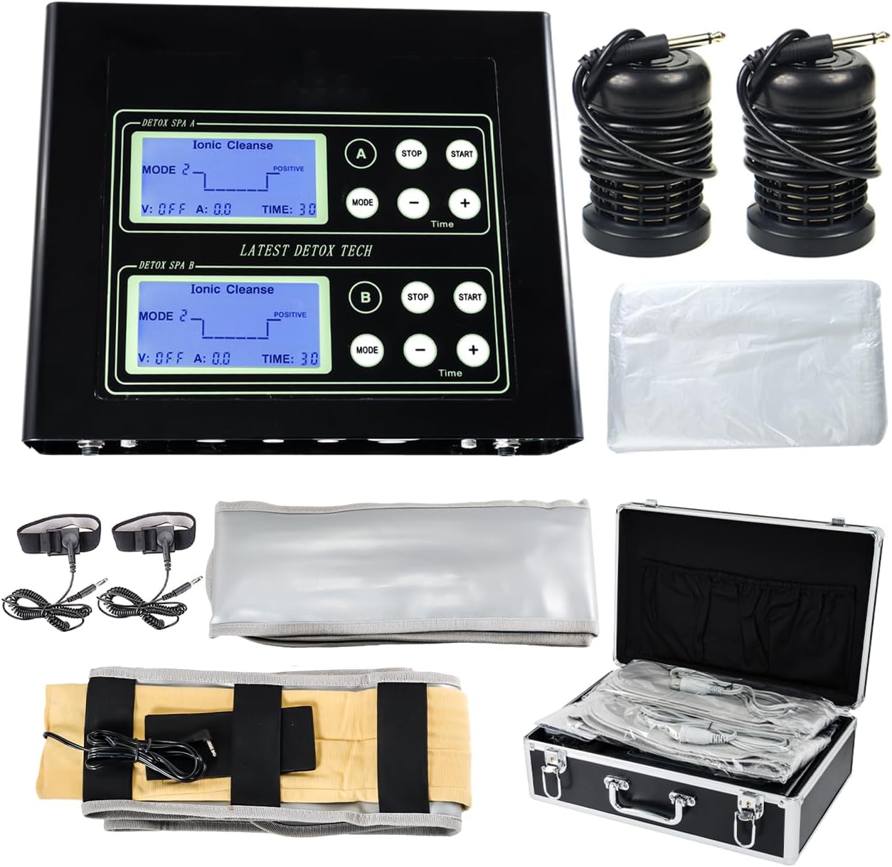 iMeshbean® Dual LCD Ionic Foot Detox Spa Bath Machine & Fir Belts 5 Modes Ion Cleanse with Aluminum Storage Case Model# 06 USA