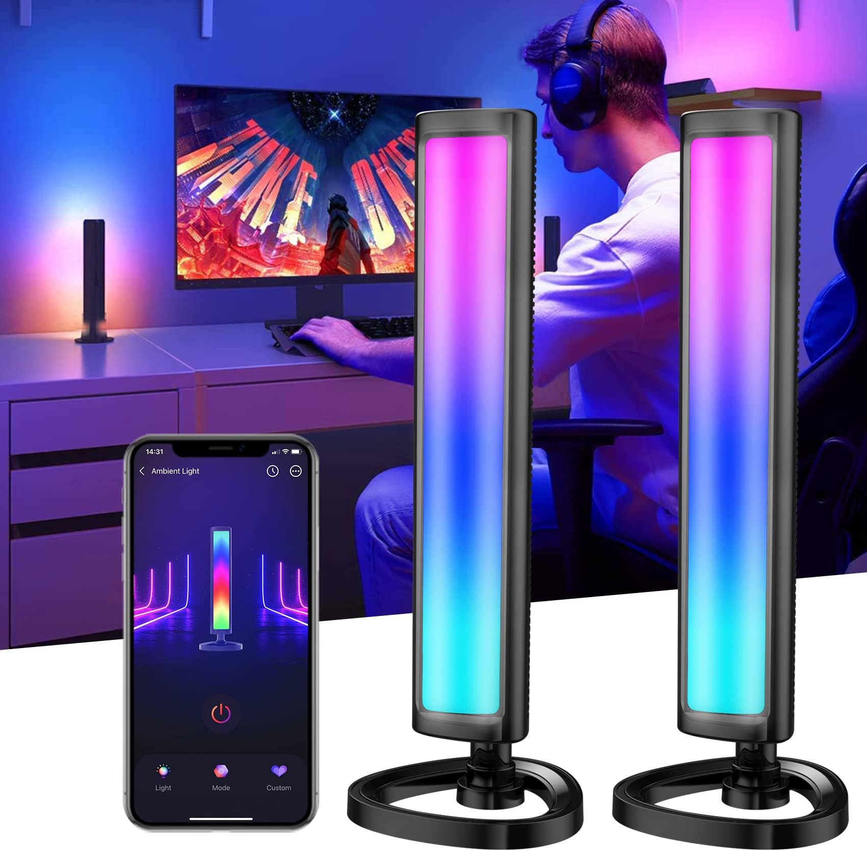 Smart LED Light Bars,Light Bar for Room 16 Million Colors RGB Light Bar with Scene Modes and Music Modes, Smart Light Bar with APP, LED Light Bar for Room, Movies, PC, TV, Gaming Setup Room-2PCS