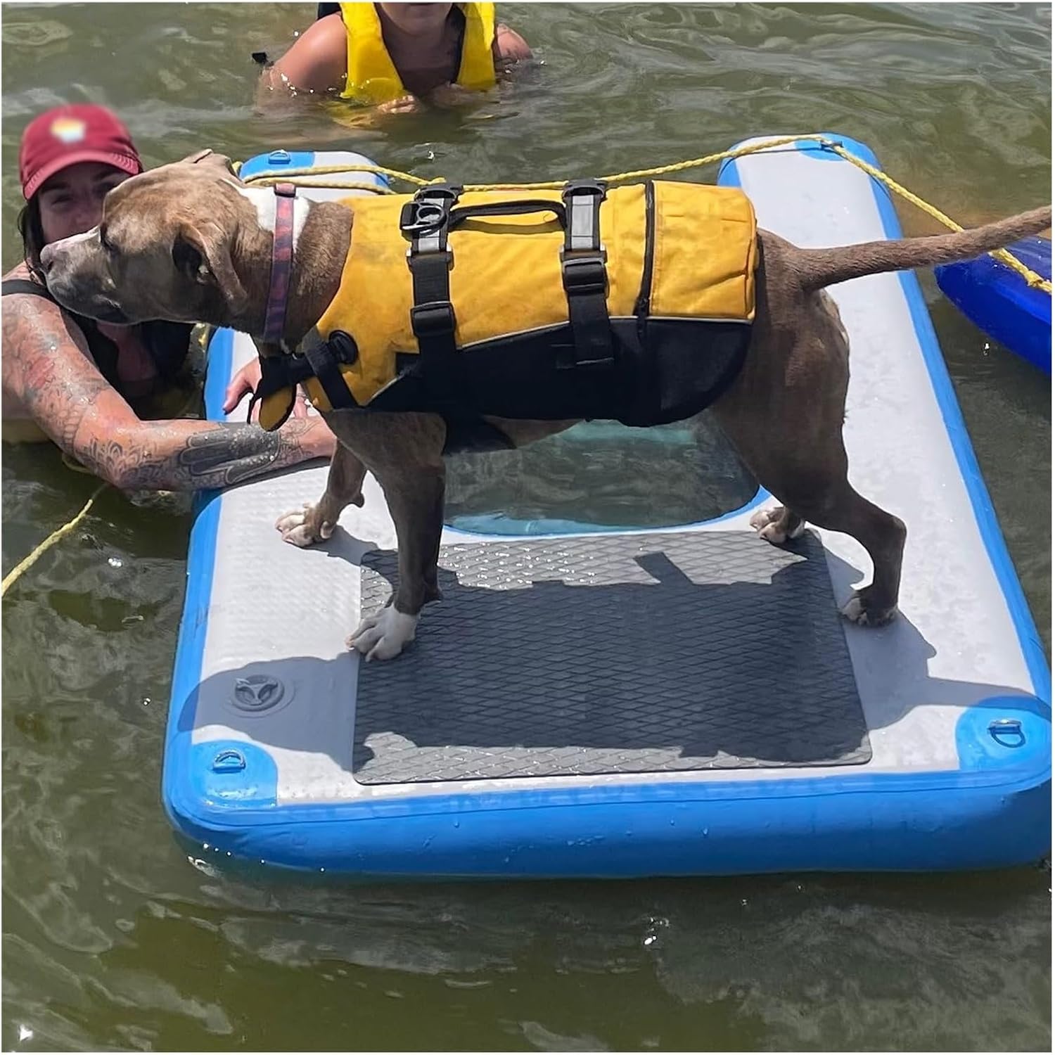 Water Ramp for Large Dogs, 150cm Inflatable Stairs for Boats Dogs, Collapsible & Reusable Dog Boat Ramp with Weighted Mesh Under Water, Black Blue Green Red Yellow(Blue)