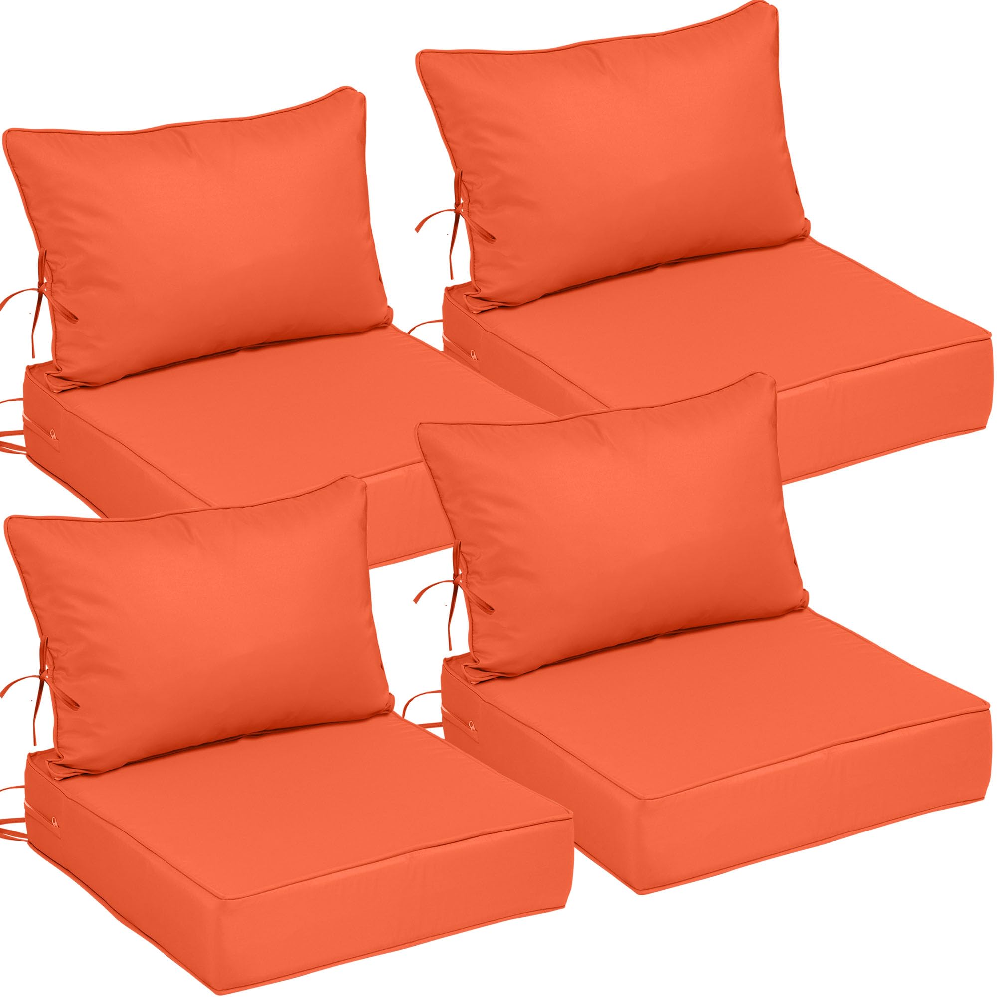 25.6x25.6 Outdoor Chair Cushions 4 Set, Waterproof Deep Seat Cushions for Patio Furniture with Removable Cover, Fade Resistant 4'' Outdoor Seat Cushion w/Ties&amp;Handle for Sofa Loveseat, Orange
