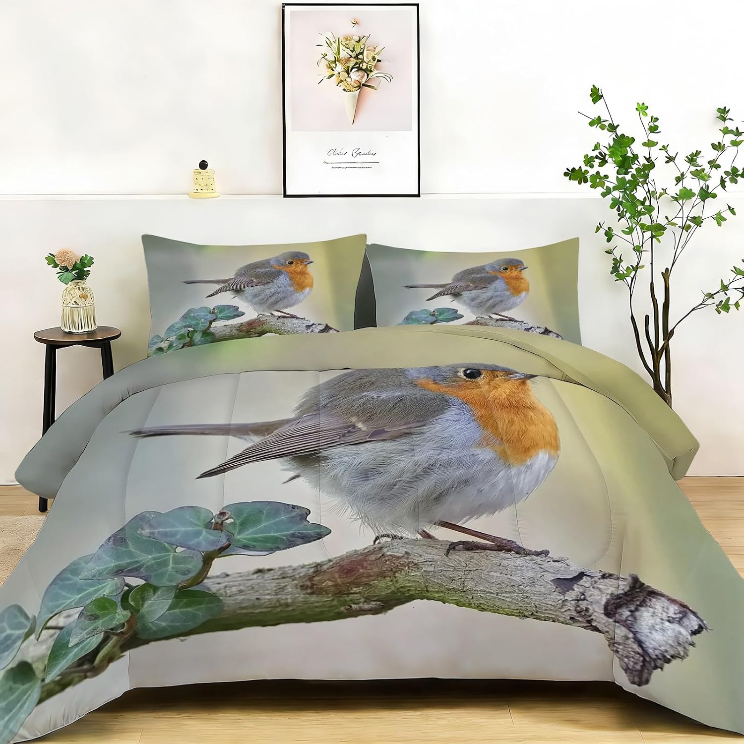 Robin Twin Comforter Set, Green Twin Comforter Luxury Soft Microfiber Fluffy Printing Duvet Insert, Quilt with 2 Pillowcases for Kids and Adults YUb2720