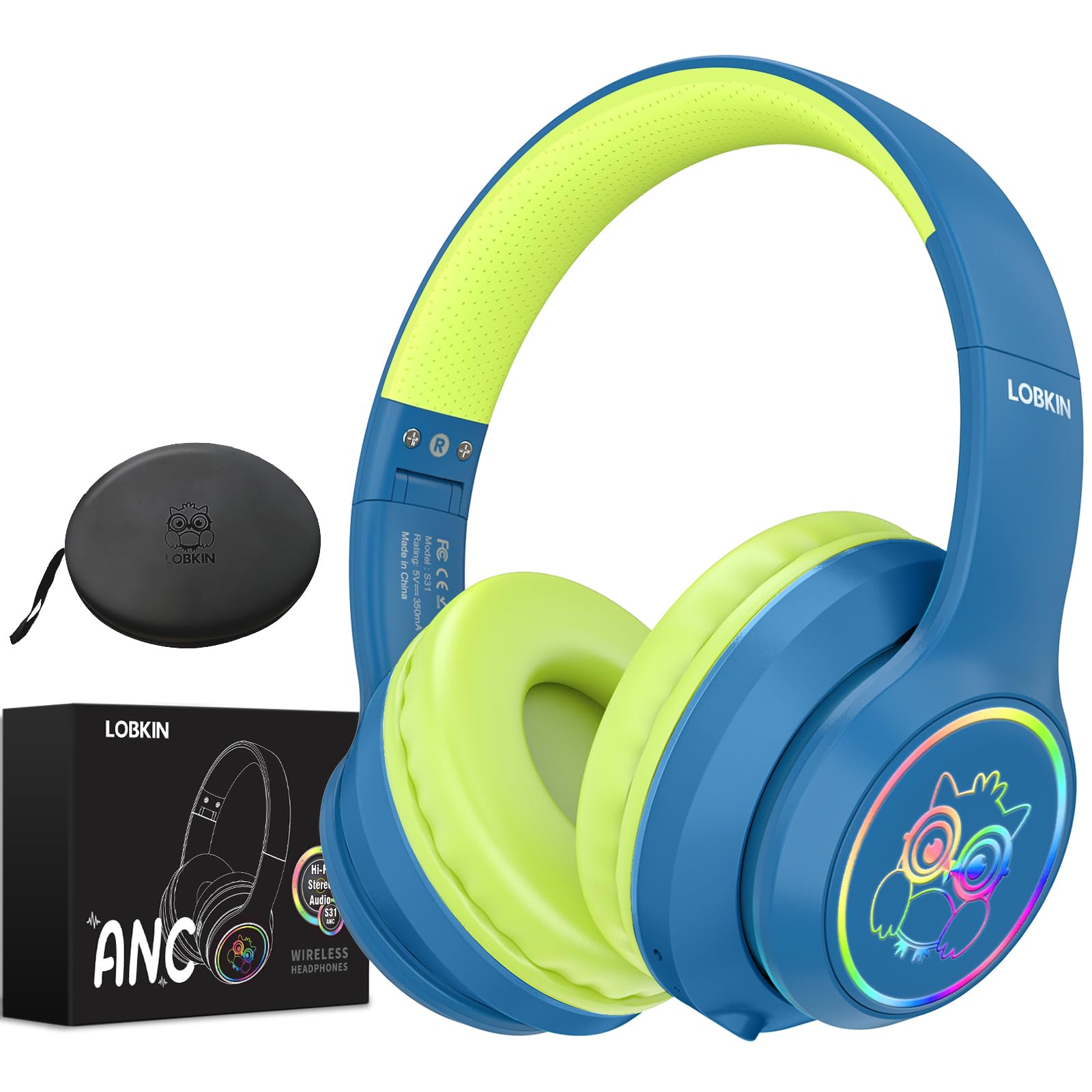 LOBKIN Active Noise Cancelling Headphones for Kids,Bluetooth 5.4,Kids Headphones Wireless with Mic 50H Playtime AUX Cord Safe Volume Limited Foldable