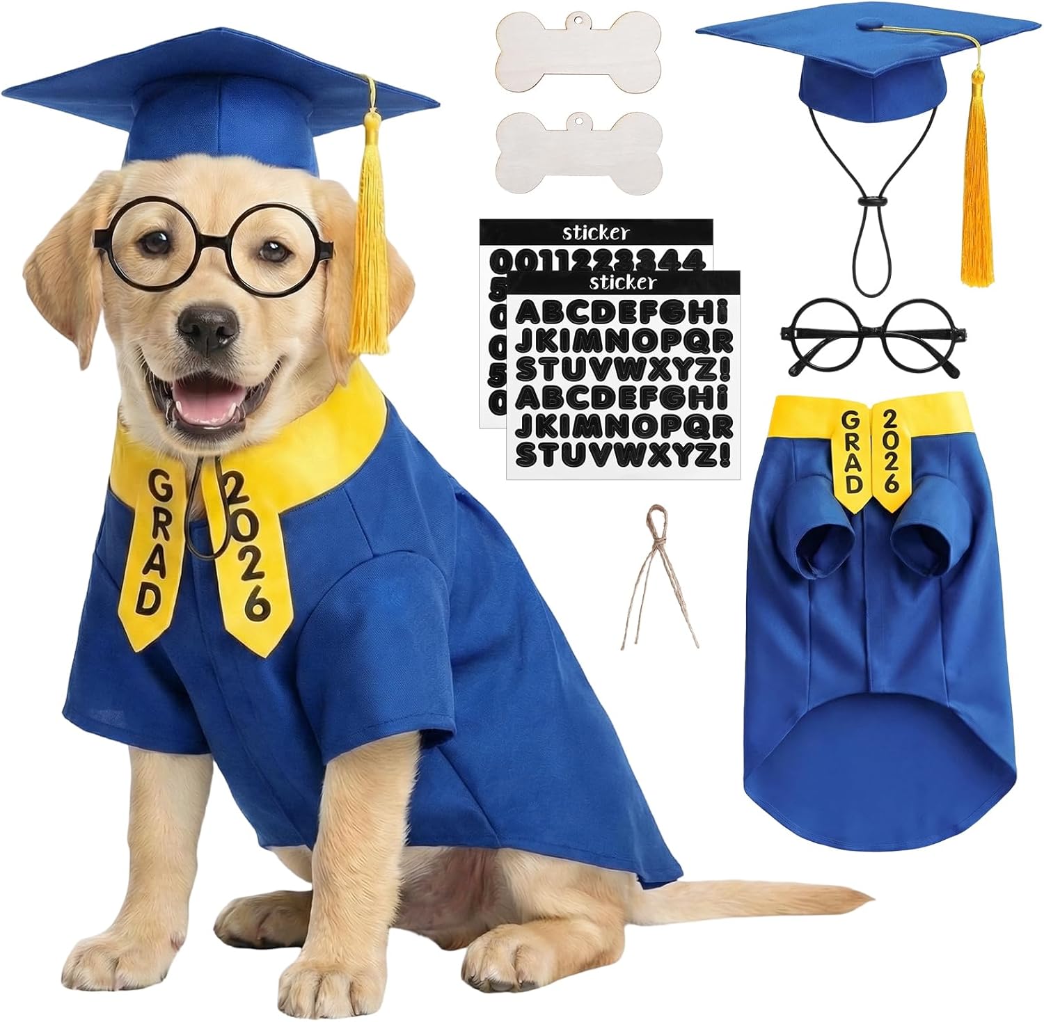 Dog Graduation Costume Set with Graduation Cap and Gown,Bone Tags with Rope DIY Stickers,Festival Dress-Up Accessory for Small Medium Dogs(Green, Small)