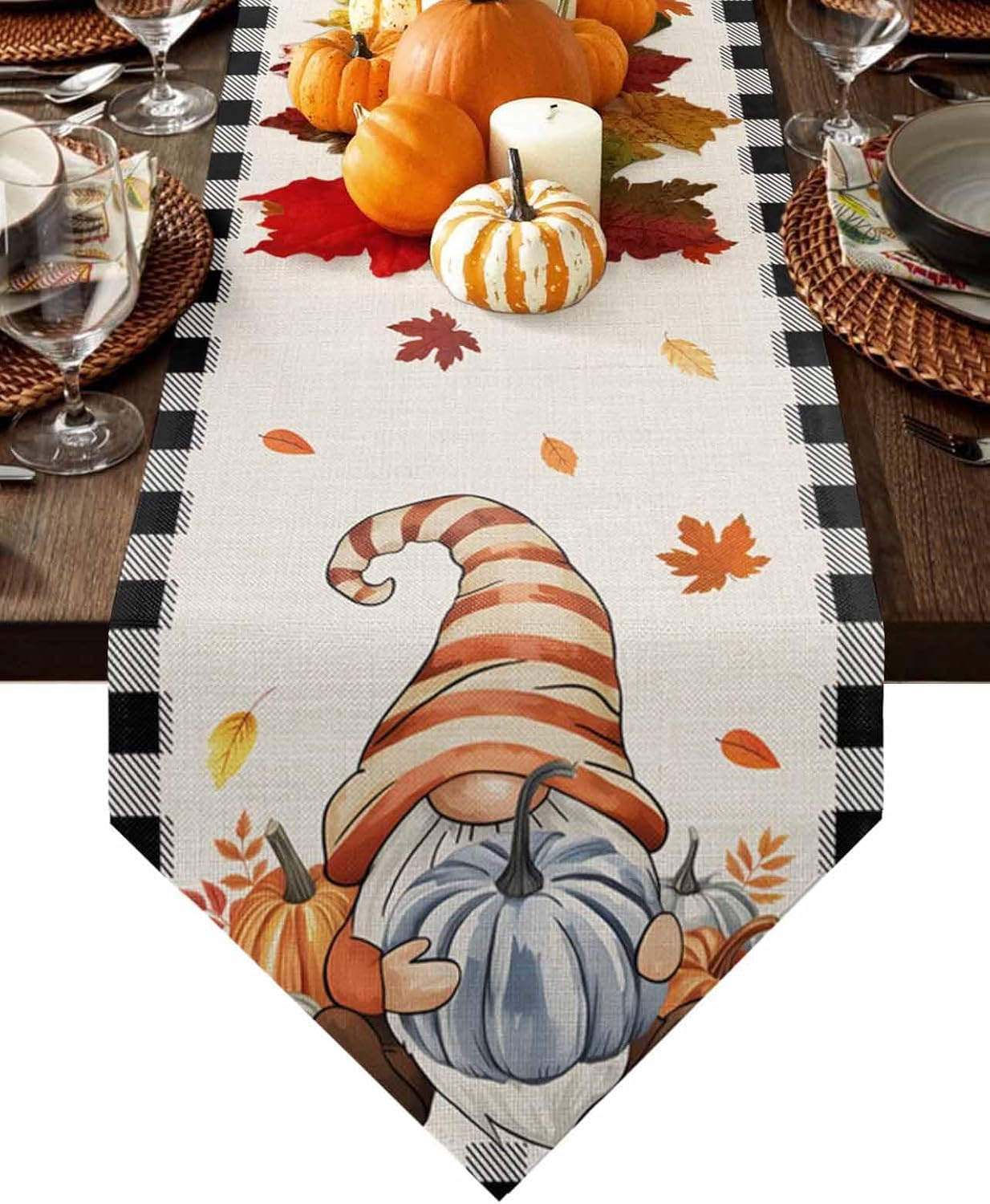 Autumn Thanksgiving Table Runner 13x90 Inch,Watercolor Pumpkin Gnome Seasonal Fall Holiday Dresser Scarf Black Checker Burlap Kitchen Dining Table Decoration Home Party Decor