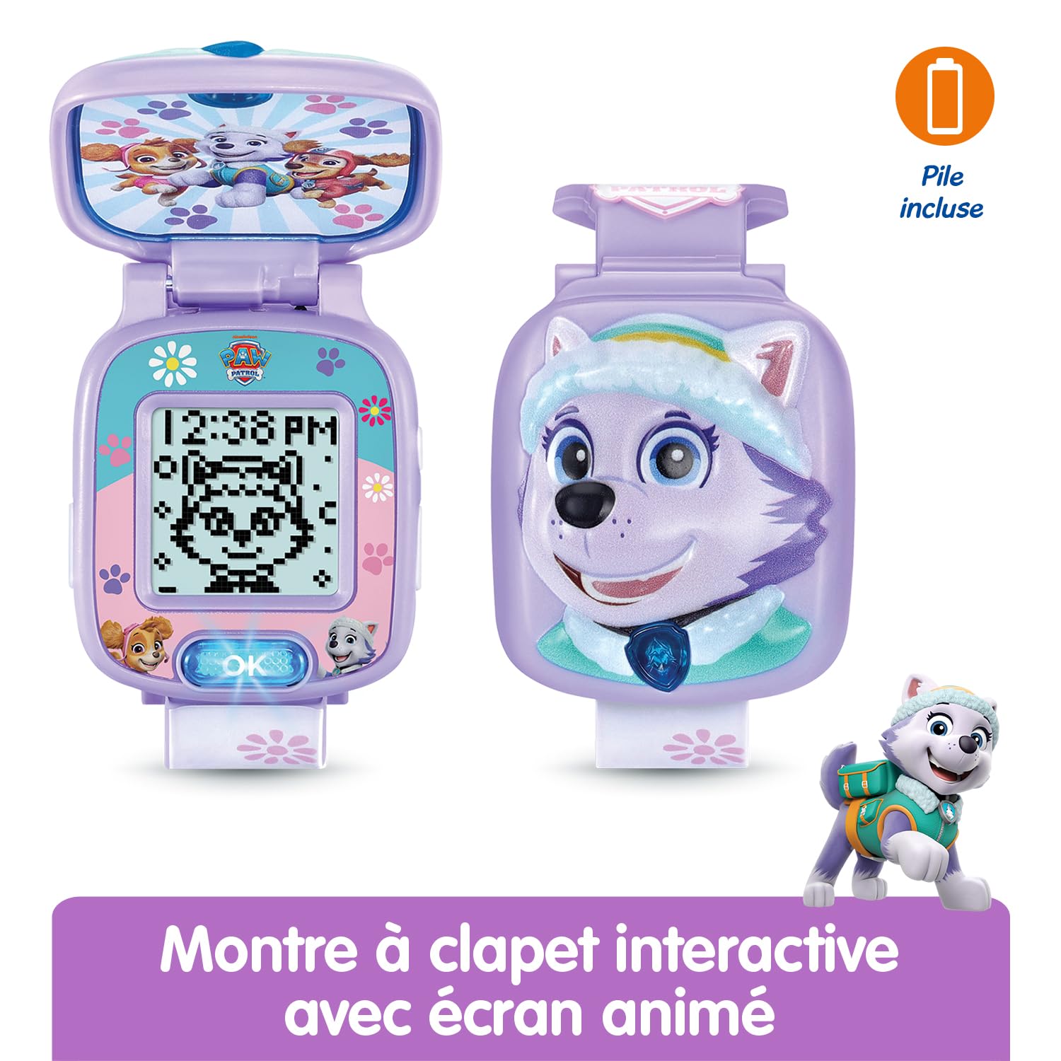VTech - La Montre-Jeu Interactive d'Everest - Montre Pat' Patrouille avec Écran Animé, Bracelet Réglable, 10 Cadrans, 4 Jeux - Jouet Paw Patrol - Cadeau Enfant de 3 Ans à 7 Ans - Contenu en Français