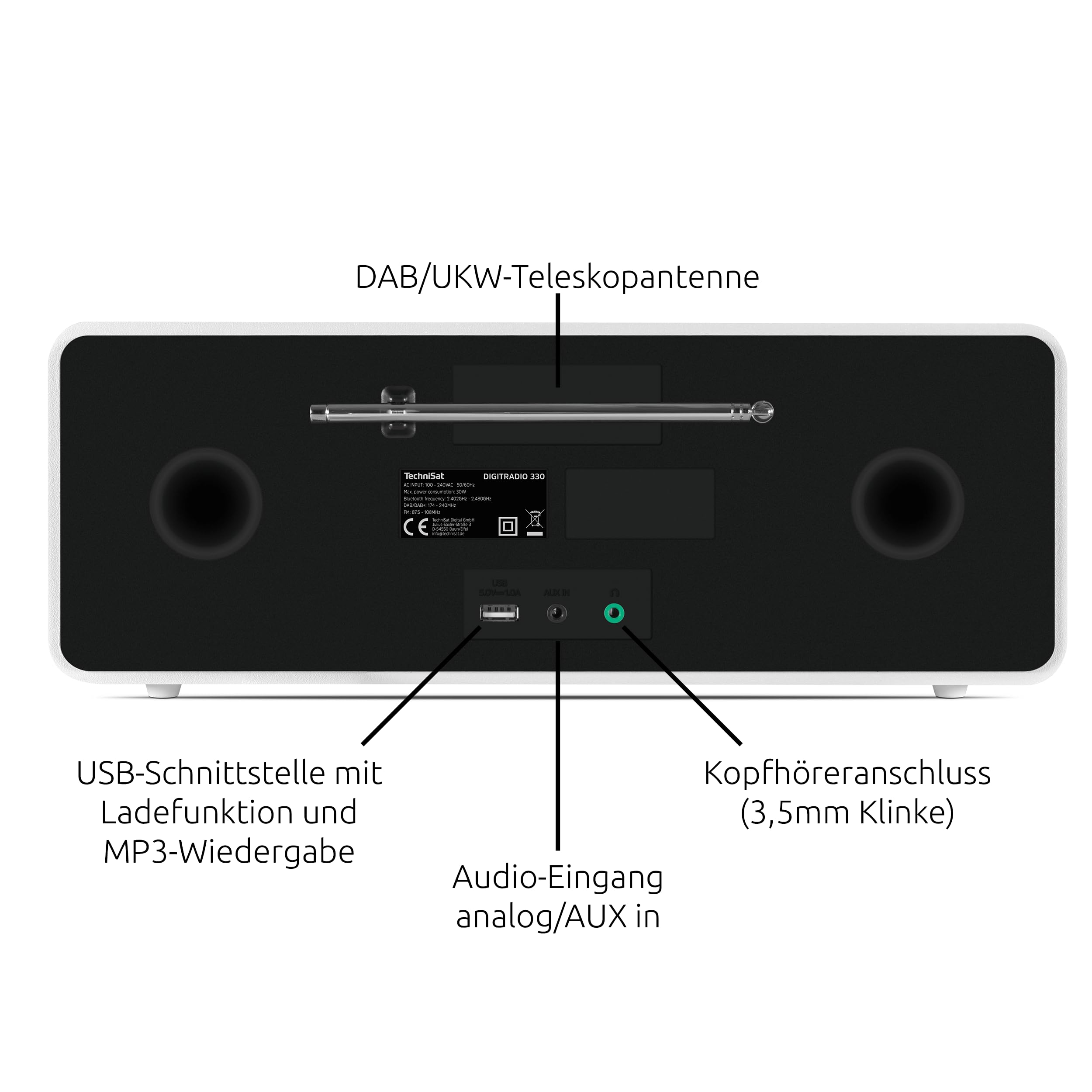 TechniSat DIGITRADIO 330 - DAB+ UKW Stereo Radio mit CD-Player (Bluetooth 5.3, USB MP3-Wiedergabe und Ladefunktion, 2,4 Zoll Farbdisplay, Radiowecker, Fernbedienung) Weiß