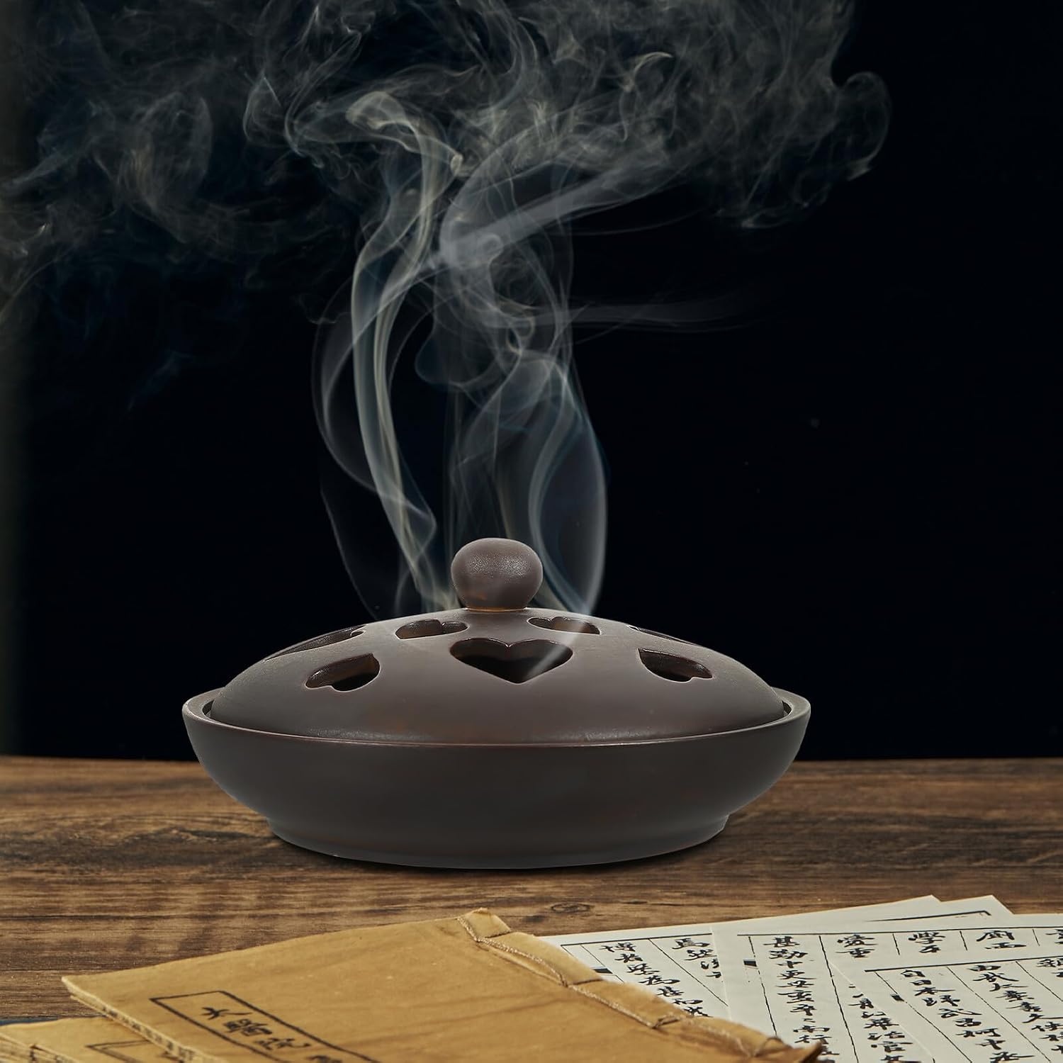 Kichvoe Ceramic Incense Burner and Aroma Therapy Holder Vintage Bronze Style Indoor Desktop Incense Base for Home Décor and Meditation Use with Heart-Shaped Red Clay Tray