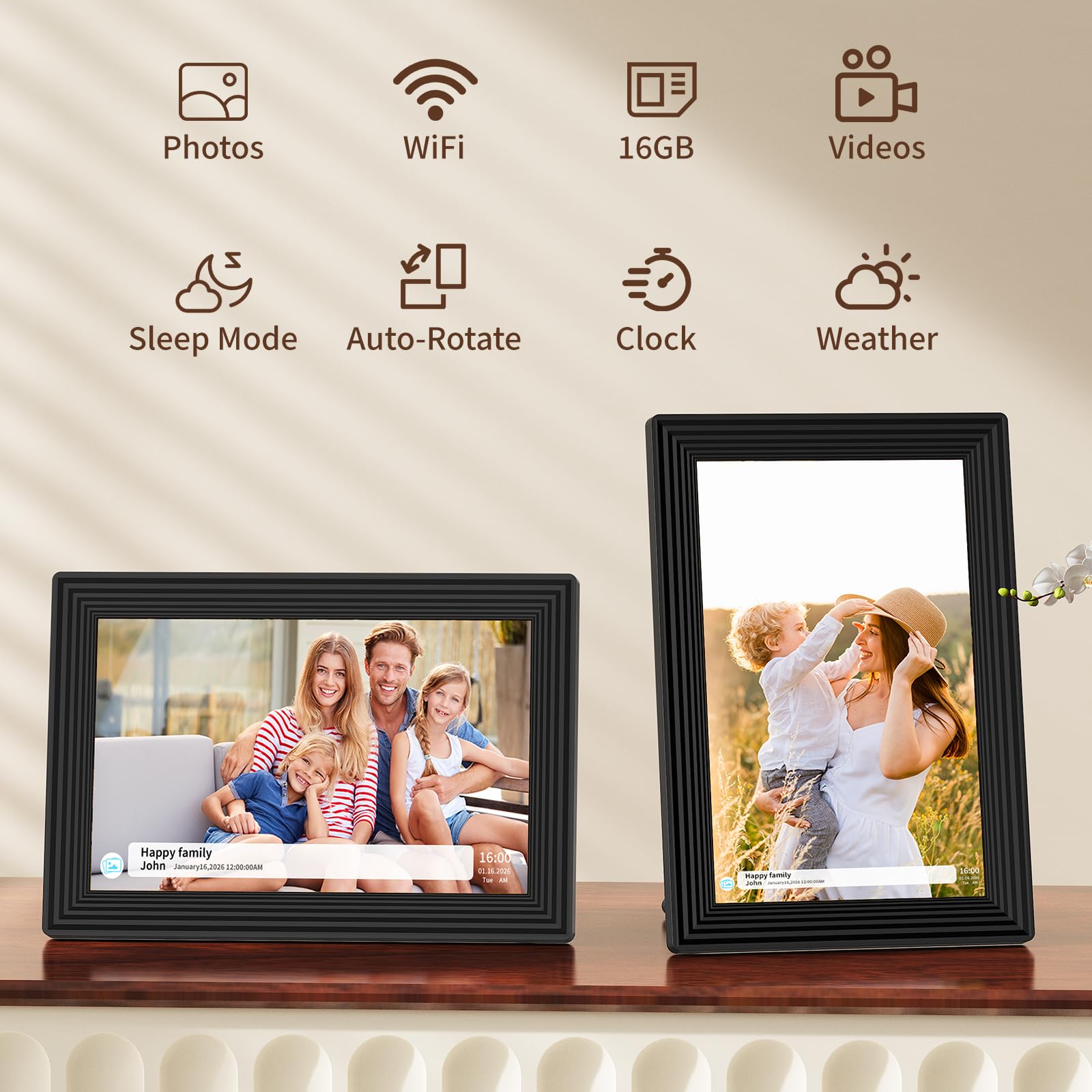 Cadre photo numérique, cadre photo numérique Frameo 10,1", écran tactile LCD IPS 1280 x 800, 16 Go, prend en charge les cartes SD, partage instantanément des moments heureux via la