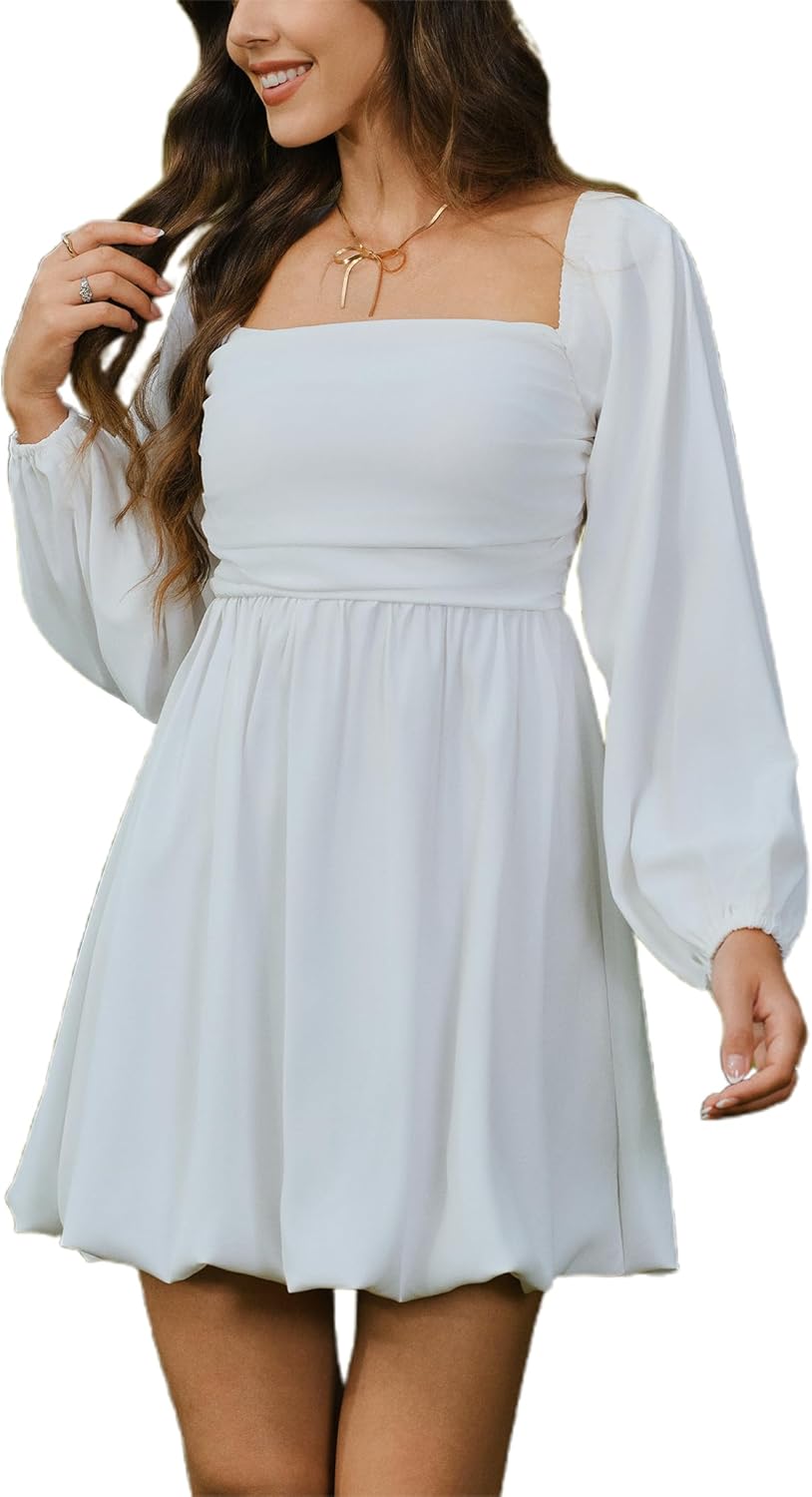 HYPERFIRE Women's Square Neck Long Sleeve Bubble Mini Dress Pleated Smocked A Line Wedding Dresses