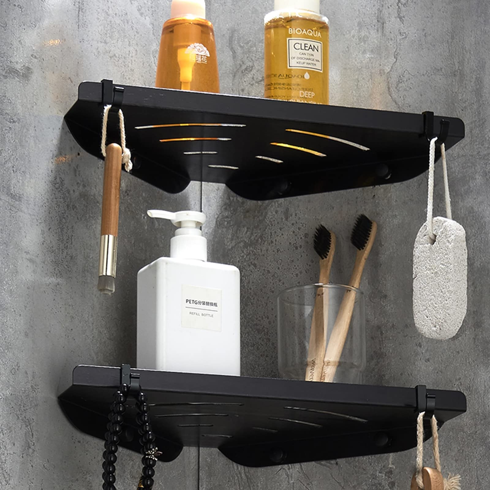 Space Aluminio Estantes Colgantes de Ducha Negros Esquina Almacenamiento de Pared Estante Triangular para baño Bandeja de Ducha Estantes de Pared, una Sola Capa