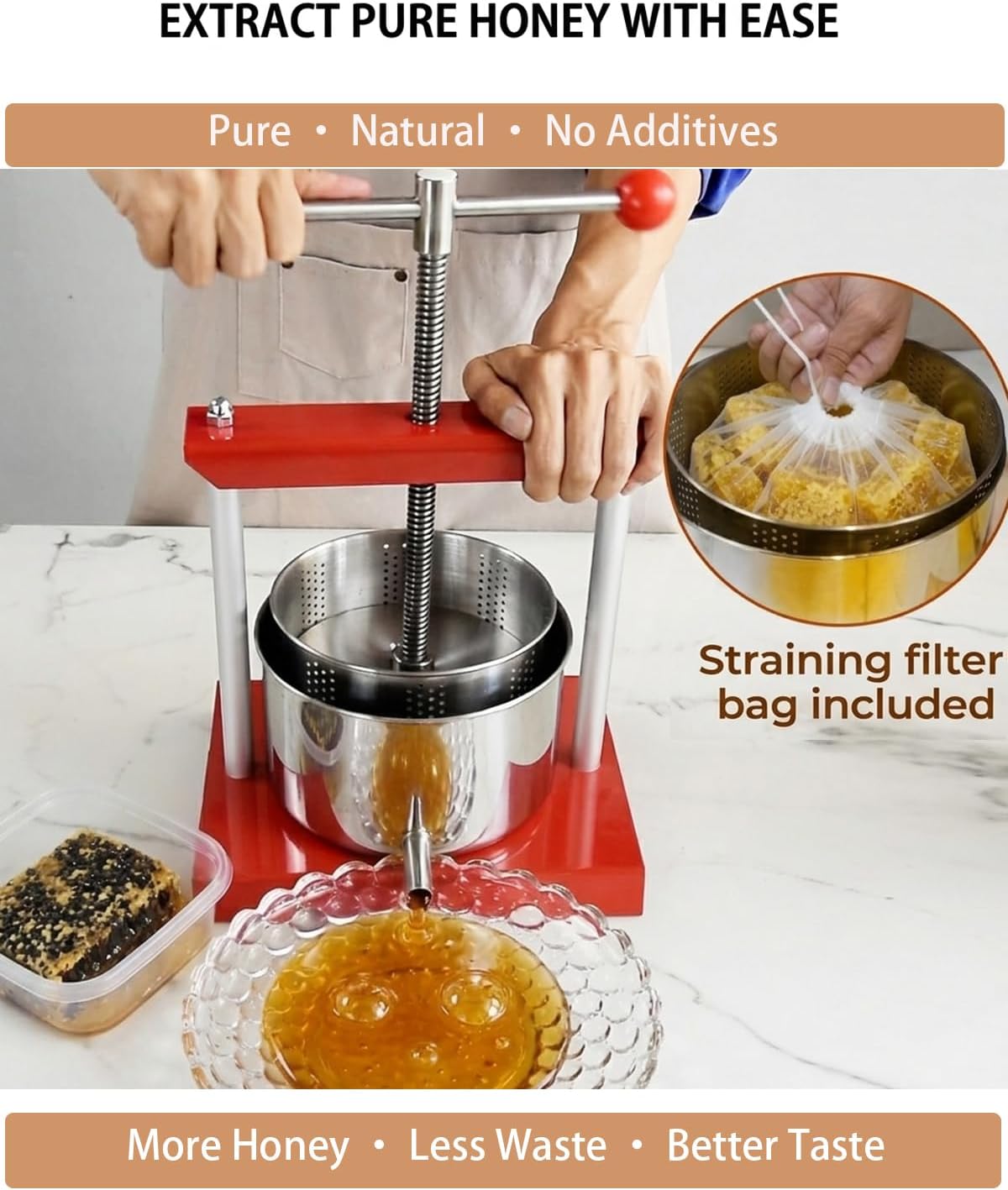 EJWOX 0.53 Gallon Manual Press - Stainless Steel Soft Fruit & Herb Juicer with Filter Bag - Multi-Functional Squeezer for Grapes, Berries, Honey & Cheese - Compact Top-Handle Design for Small Batches