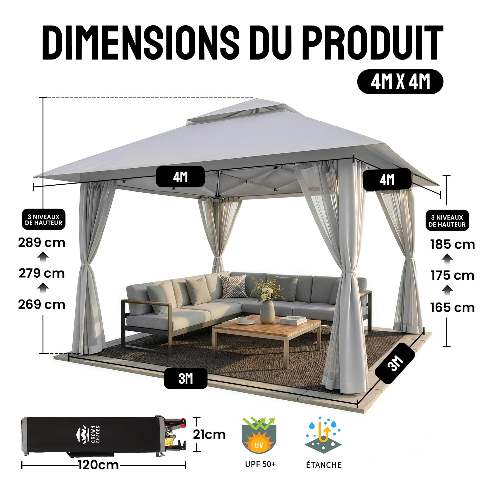 CROWN SHADES Tonnelle de Jardin 4x4 m Pop Up Gazebo Imperméable Abri Réglable en Hauteur Double Toit Côtés Maille Zippée Gris