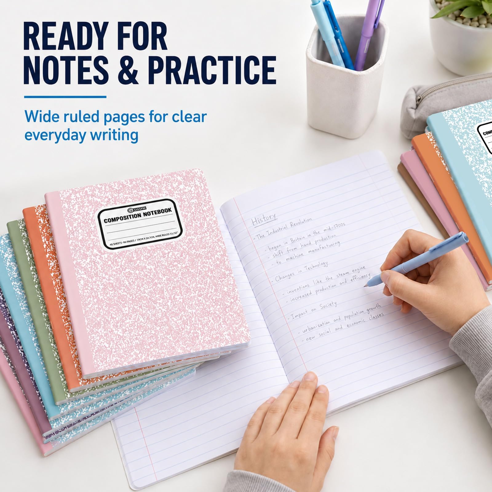 gisgfim 12 Pack Bulk Composition Notebook Wide Ruled, 12 Different Vibrant Colors, 96 Pages (48 Sheets), 9-3/4 x 7-1/2" Hard Cover Journal Notebooks for Studentsd,Classroom and Office(Groovy)