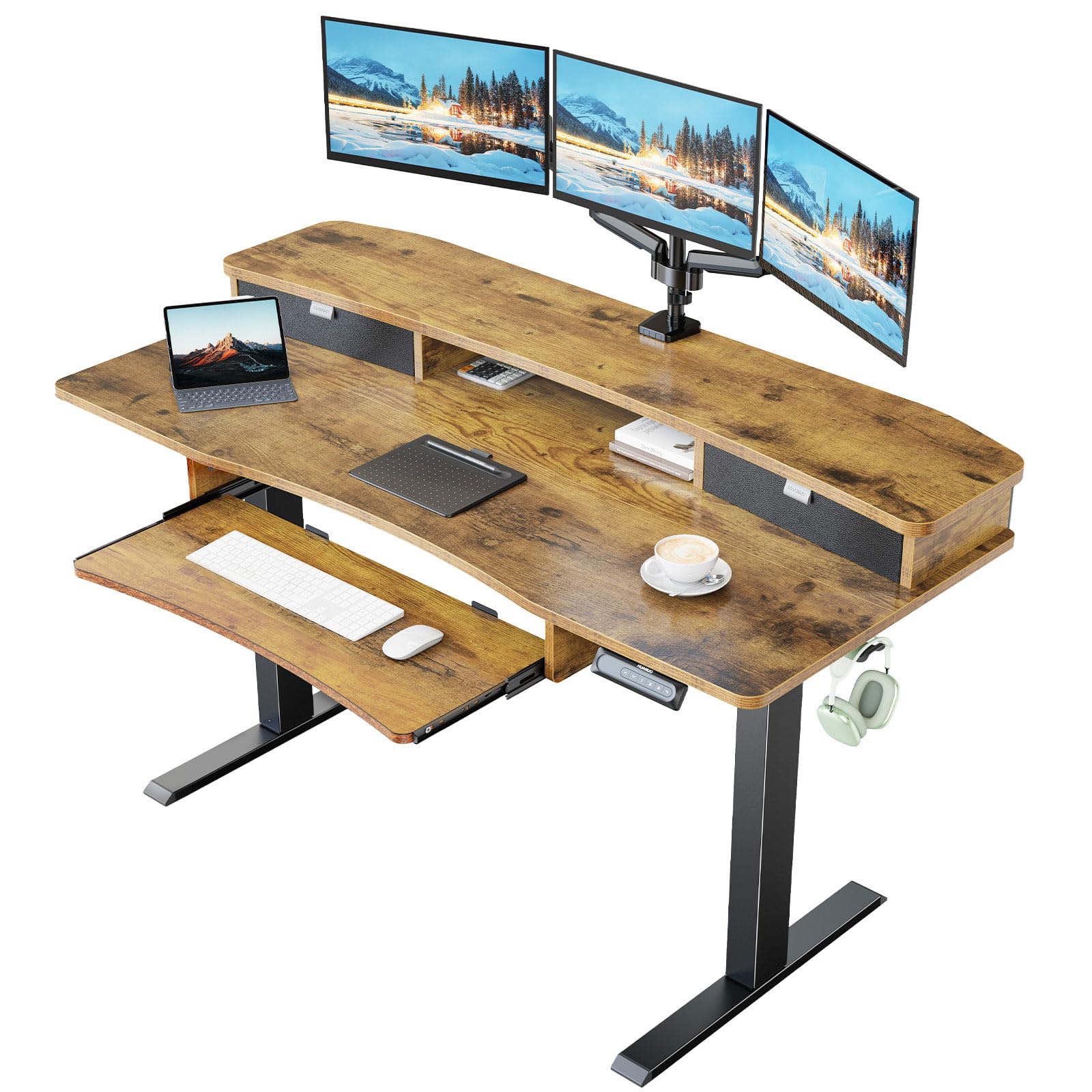 HUANUO 55" x 26" Electric Standing Desk with 2 Drawers & 26.7" Large Keyboard Tray, C-Clamp Mount Compatible, Adjustable Computer Desk for Home Office