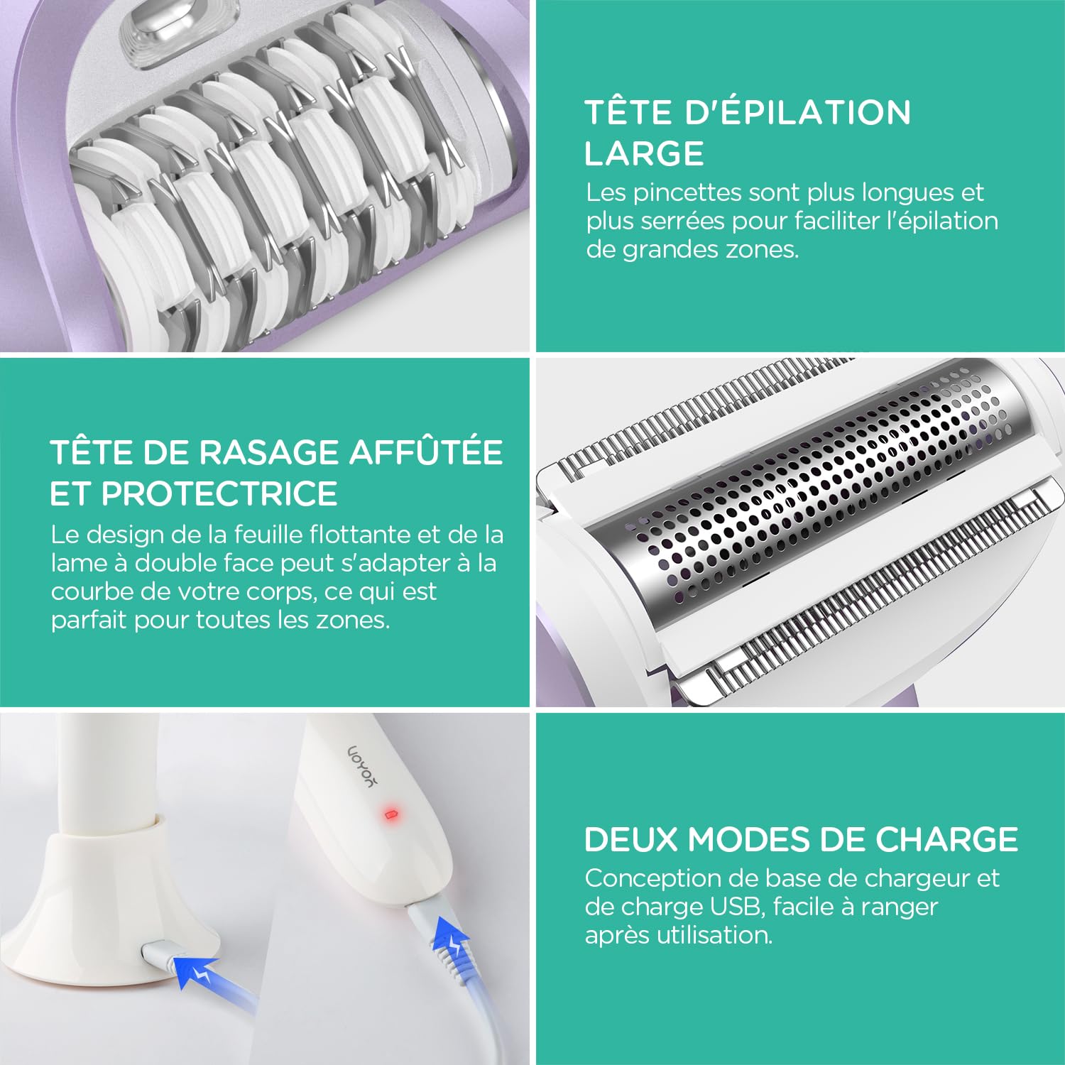 VOYOR Épilateur Électrique Femme, Epilation avec Tête De Rasage Et Tondeuse pour l'épilation du Corps, Rechargeable et Sans Fil, Humide et Sec, Couvert 30 Pinzetten, Lumière LCD BM300 (Violet)